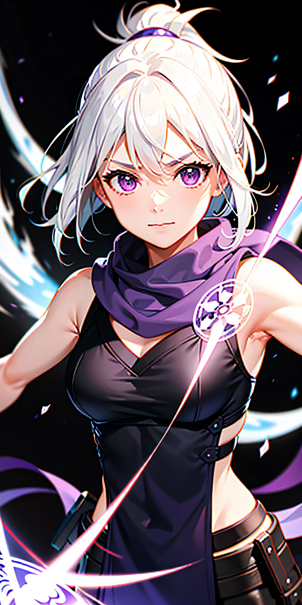 upper body, 1girl, white hair, ponytail, purple eyes, (ninja), short sword, medium breats ,scarf, wallpaper, magic circle background, light particles, blue fire,