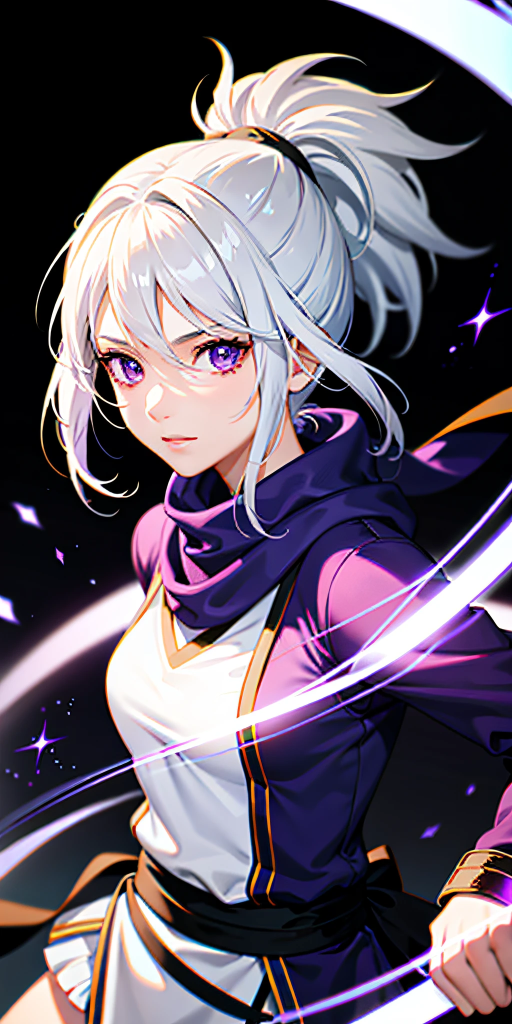 upper body, 1girl, white hair, ponytail, purple eyes, (ninja), short sword, medium breats ,scarf, wallpaper, magic circle background, light particles, blue fire,