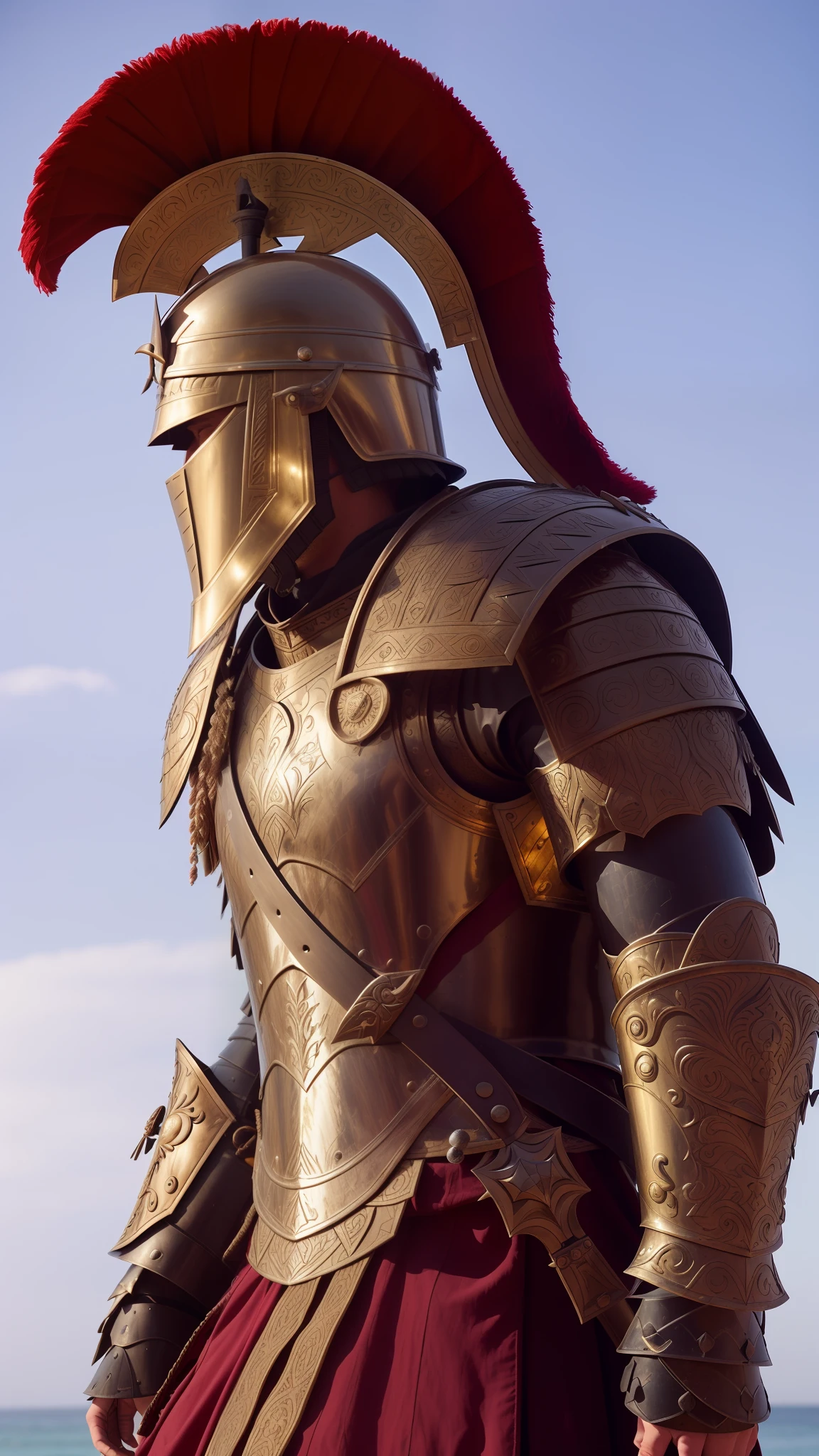 a man in a helmet and armor standing on a beach, dressed in spartan armour, spartan armor, spartan warrior, spartan, ares with heavy armor and sword, greek armor, photogenic details on armor, ancient soldier, high detail iconic character, smiling spartan, clothed in ancient battle armor, ancient armor, ancient greek ornamented armor, light coming off of the armor