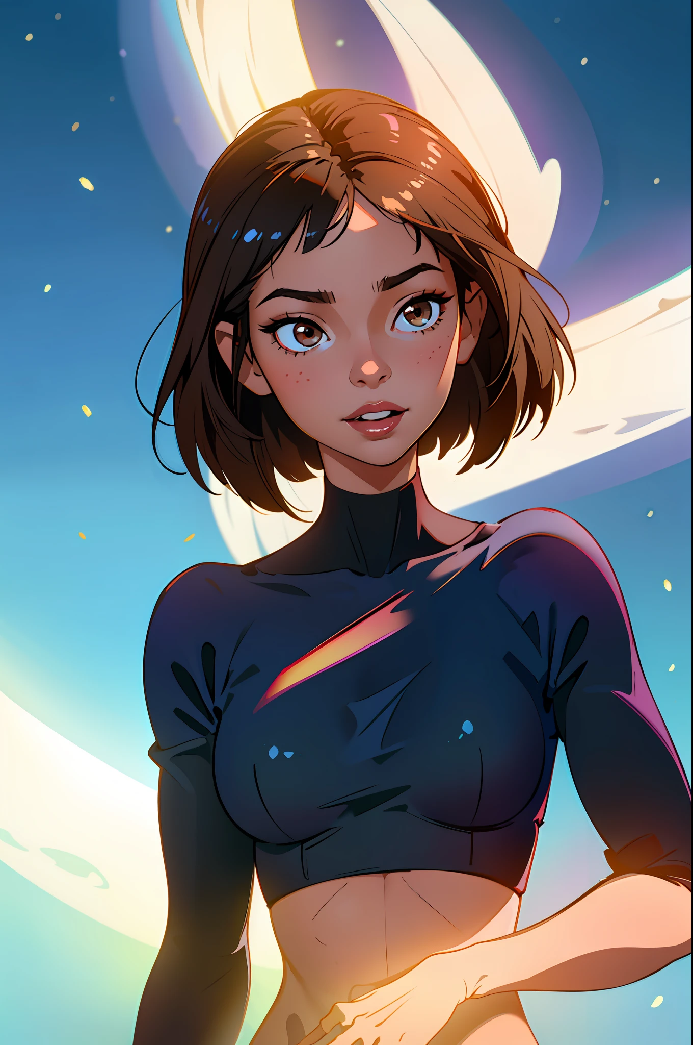 (extremely detailed CG unity 8k wallpaper, masterpiece, best quality, ultra-detailed), (best illumination, best shadow, an extremely delicate and beautiful), Black girl, Dark skin, a bright smile on her face. with a black short-cropped hair that frames her beautiful face perfectly. Her brown eyes shimmer with delight as she proudly flaunts her navy sailor collar in the air.