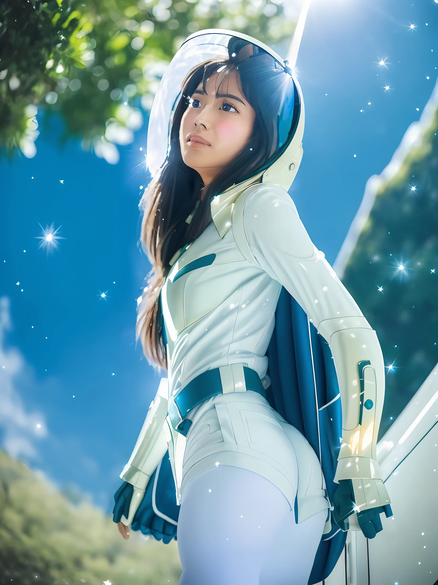 Highly detailed RAW color photo, rear angle, full body, of (female space soldier, with white and blue spacesuit, helmet, canned face shield, rebreather, accented loot), outdoors, (looking up at the advanced alien structure, on alien planet), toned body, large butt, (science fiction), (mountains: 1.1), (lush green vegetation), (two moons in the sky: 0.8), (very detailed, hyper-detailed, intricate), (lens flare: 0.7), (bloom: 0.7), particle effects, ray tracing, cinematic lighting, shallow depth of field, photographed on a Sony Alpha 1, 50mm wide-angle lens, sharp focus, Saint Seiya