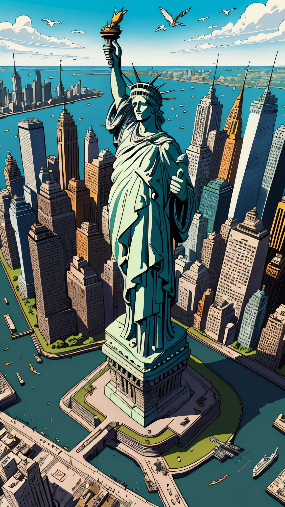 Chaotic maximalist New York of Liberty Statue of liberty, bird's eye view and flying gastlis, illustrated by Herg, tin tin, pen-and-ink comic book style