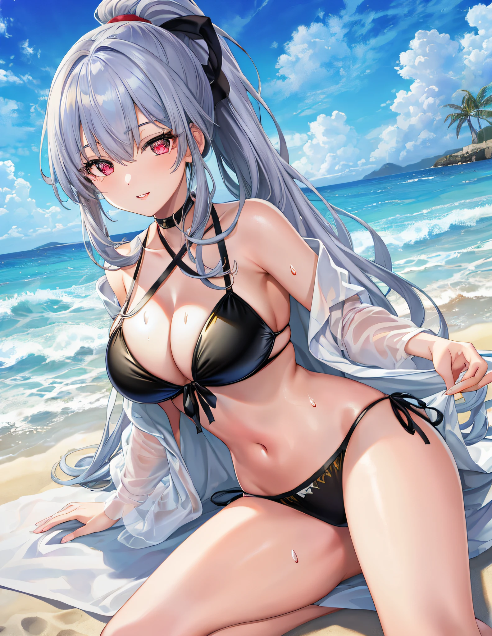 Model Shooting Style, (Masterpiece:1.3), (Absurdity:1.3), (Best Quality:1.3), (8K), (Masterpiece Digital Art), (Detailed Manga Illustration), (Handle Hair), Perfect ???????, (Complex Details:1.3), (Detailed Details:1.3), (Illustration:1.3), (Sharp Focus:1.3), (Vivid Color:1.3), 1 Girl, Solo, (Long Hair:1), ponytail, loose wavy hair part covers his face, hair between the eyes, (silver hair), red eyes, floating hair,??????, seaside, wet skin, ????,