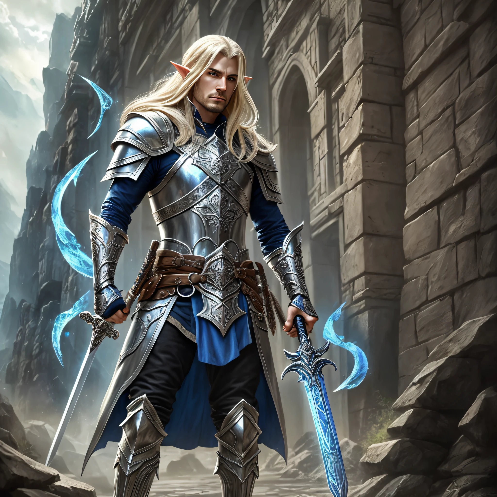 Male half elf 4k fantasy art, with long blond, silver hair, 4k fantasy art dnd, wearing leather armor dnd 4k fantasy wearing azure cloak, bladesinger 4k fantasy art, casting a spell 4k RPG art, dnd art holding a long sword with elven sigils 4k fantasy art, in a fantasy urban setting battling 3 orcs thugs 4k fantasy art --auto --s2