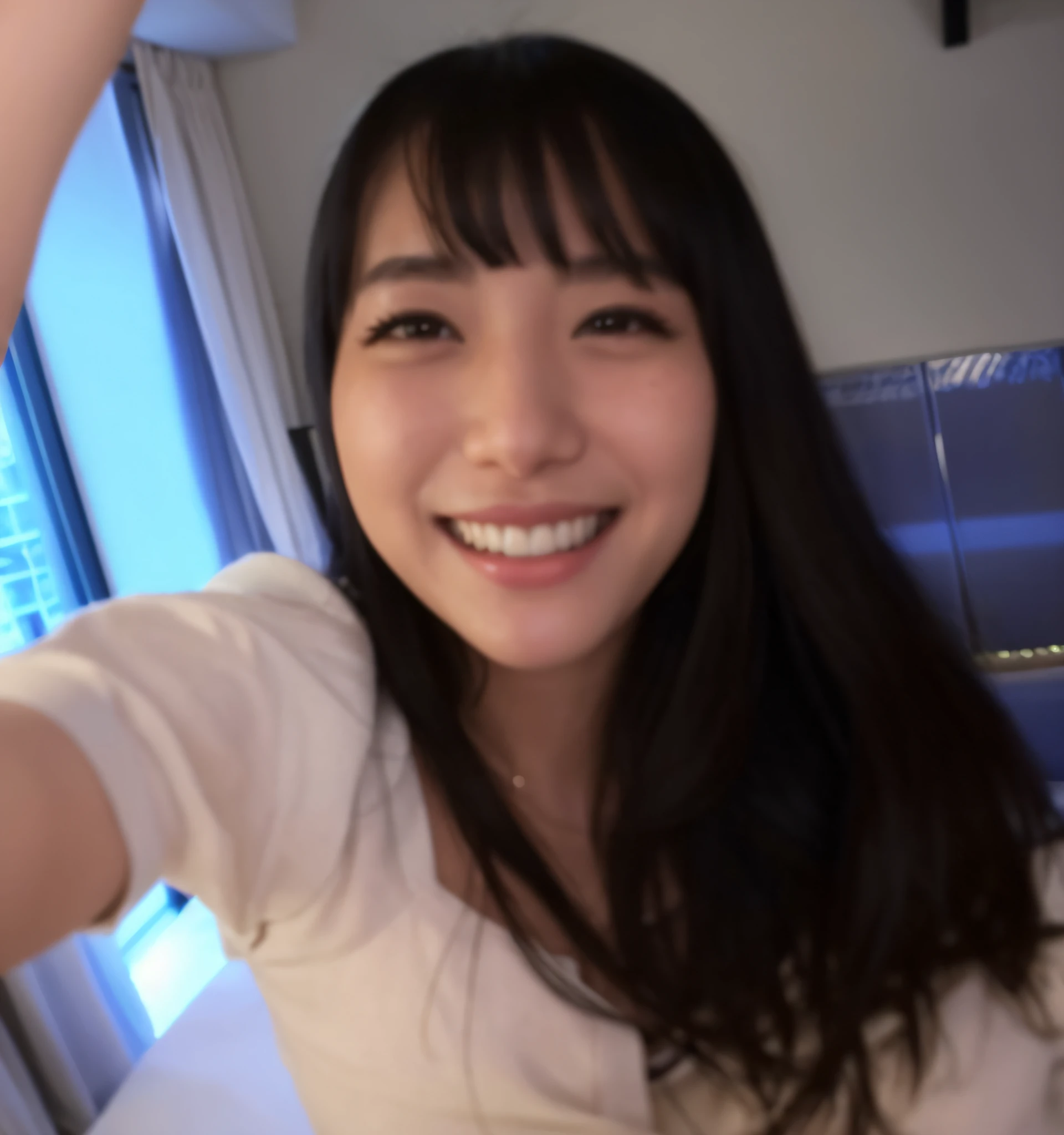 Smiling woman taking selfie in front of window with blue light, Yoshitomo Nara, teasing smile, warm and gentle smile, Narumi Kakinouchi, Nozomi Takemura, Chiho, lovely smile, soft smile, she is excited with a smile, little cute smile, very big smile, Yasumoto Oka, innocent smile, there is a woman posing for a photo with a smile, Yoshitomo Nara, Narumi Kakinouchi, teasing smile, lovely smile, Chiho, Ai Yazawa, soft smile, innocent smile, warm and gentle smile, little cute smile, friendly seductive smile, she's smiling, teshiro ki, alafed asian woman with long hair and white shirt, beautiful Japan girl face, cute little face of girl, anime thai girl, Japan portrait, young cute one asian face, real life anime girl, chiho, long haired asian girl, young asian girl, cute natural anime face, beautiful asian girl, masterpiece, masterpiece, highest quality, best quality, real, unity, 8k wallpaper, official art, highly detailed CG Unity 8k wallpaper, ulzzang-6500, (Original: 1.2), (Real: 1.4), ultra detailed, high resolution, ultra detailed, fantastic, fine detail, Cinematic lighting, (1girl:1.4), (brown|black hair:1.4), medium hair, (realistic skin:1.2), (light brown skin:1.2),(small), beautiful girl beautiful details, very detailed eyes and face, eyes with beautiful details, huge file size, super detailed and beautiful, blush, embarrassing, (laughs: 1.2), black eyes, model shooting style, full body shooting, Earrings, chain necklaces, loft apartments, living rooms, (almost empty rooms), "Imagine a cheerful girl with sleek black hair, in a bright dress, in a field under a vast sky. Her eyes, full of life and curiosity, shine brightly, reflecting the infinite beauty of nature. Top Quality, Photorealistic, 8k, High Definition, Girl 1 Person, Women, White Skin, (Skin Dent), (Big Breasts), (Professional Lighting, Bokeh), (Street), (People, Crowd: 0.6), Market, (Night: 1.2), (Gray Hair: 2.0), (Blouse: 1.5), (Portrait: 0.6), Gorgeous, Bloom, (Floating Hair), (Light particles, Lens flares, Luminous particles: 0.6), (Dynamic Pose: 1.2), Soft Lighting, Trending at Art Station, Trending at CGSociety, Complex and Detailed, Sharp Focus, Dramatic and Photorealistic Painting Art Mid Journey and Greg Lutkowski, À la Fed Asian Woman with Long Hair and White Dress Posing for Photo, Beautiful Japan girl face, girl cute face, Iwakura Rain closeup, realistic young idol, black hair Sui Ishida, Japan model, Chiho, young cute Japan girl face, Japan teenportrait, portrait of Mayuri Shiina, real human skin