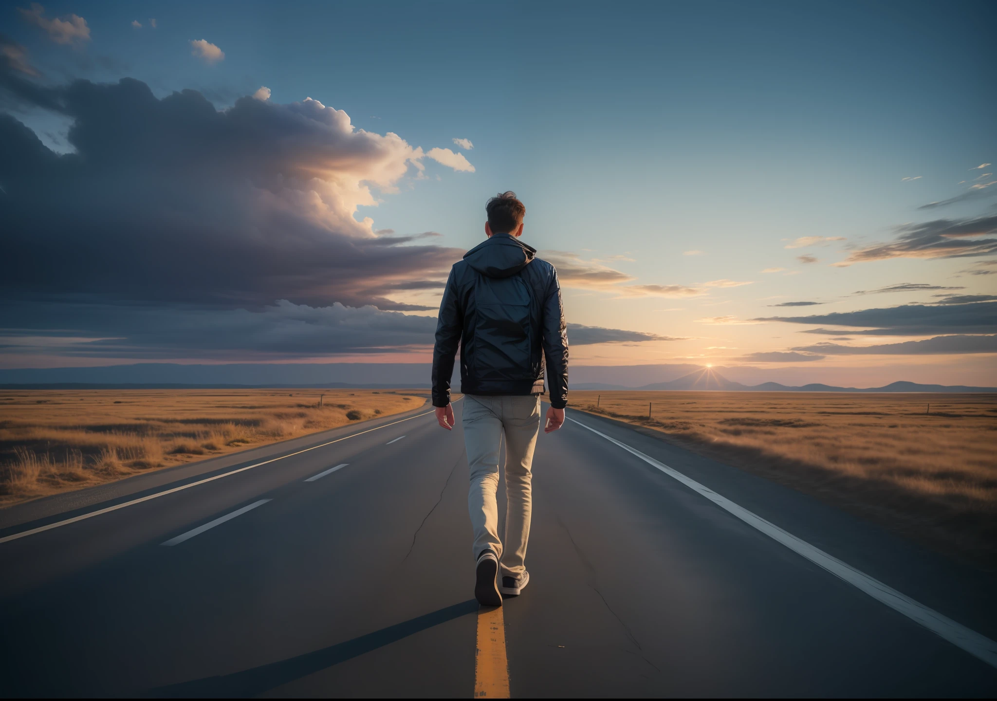 A young man of 25 years, walking on an endless road, with a beautiful view on the horizon.