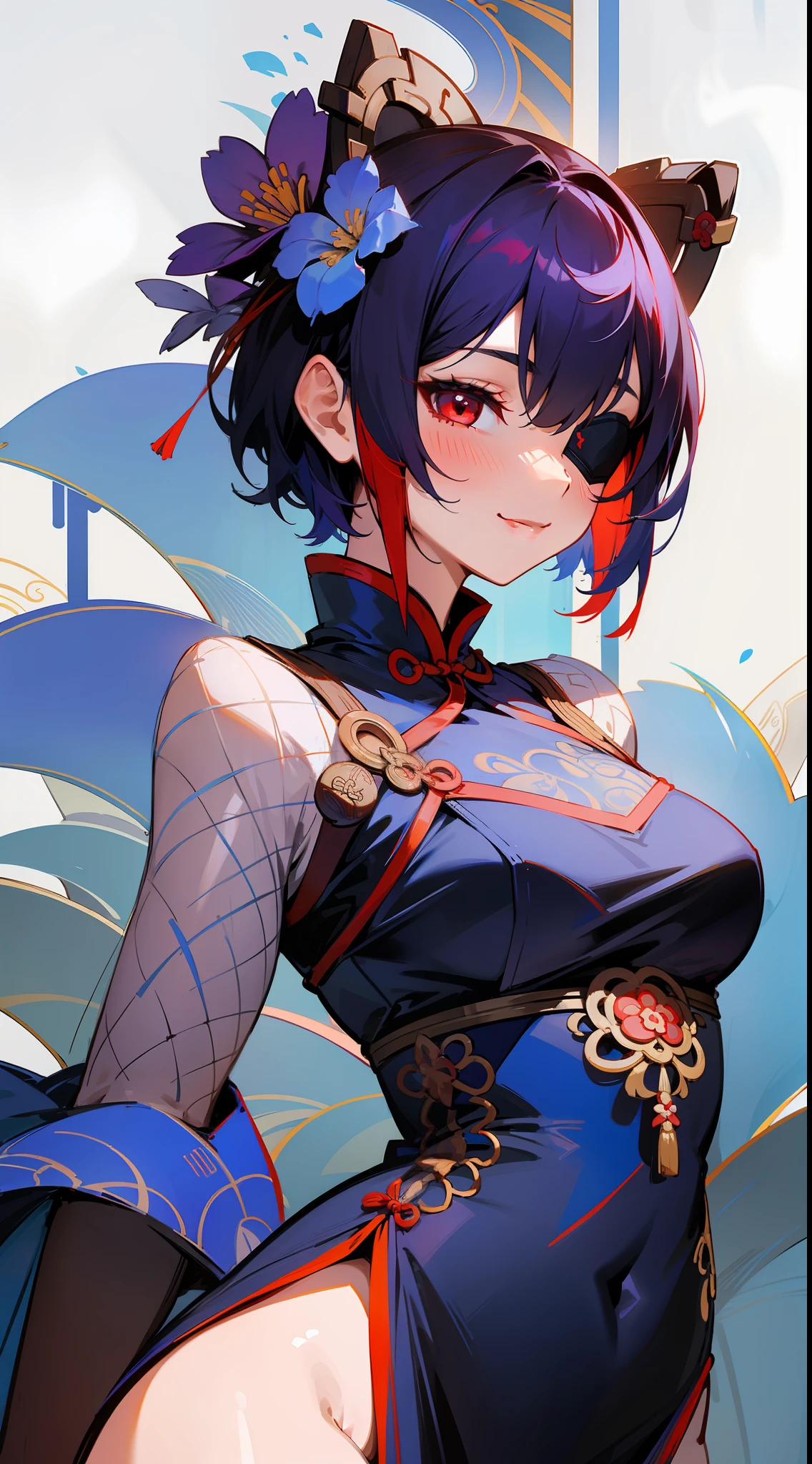 A girl, warrior, Chinese costume + blue color with flowers, short hair + red tips, eye patch, red eyes, seductive smile, sexy