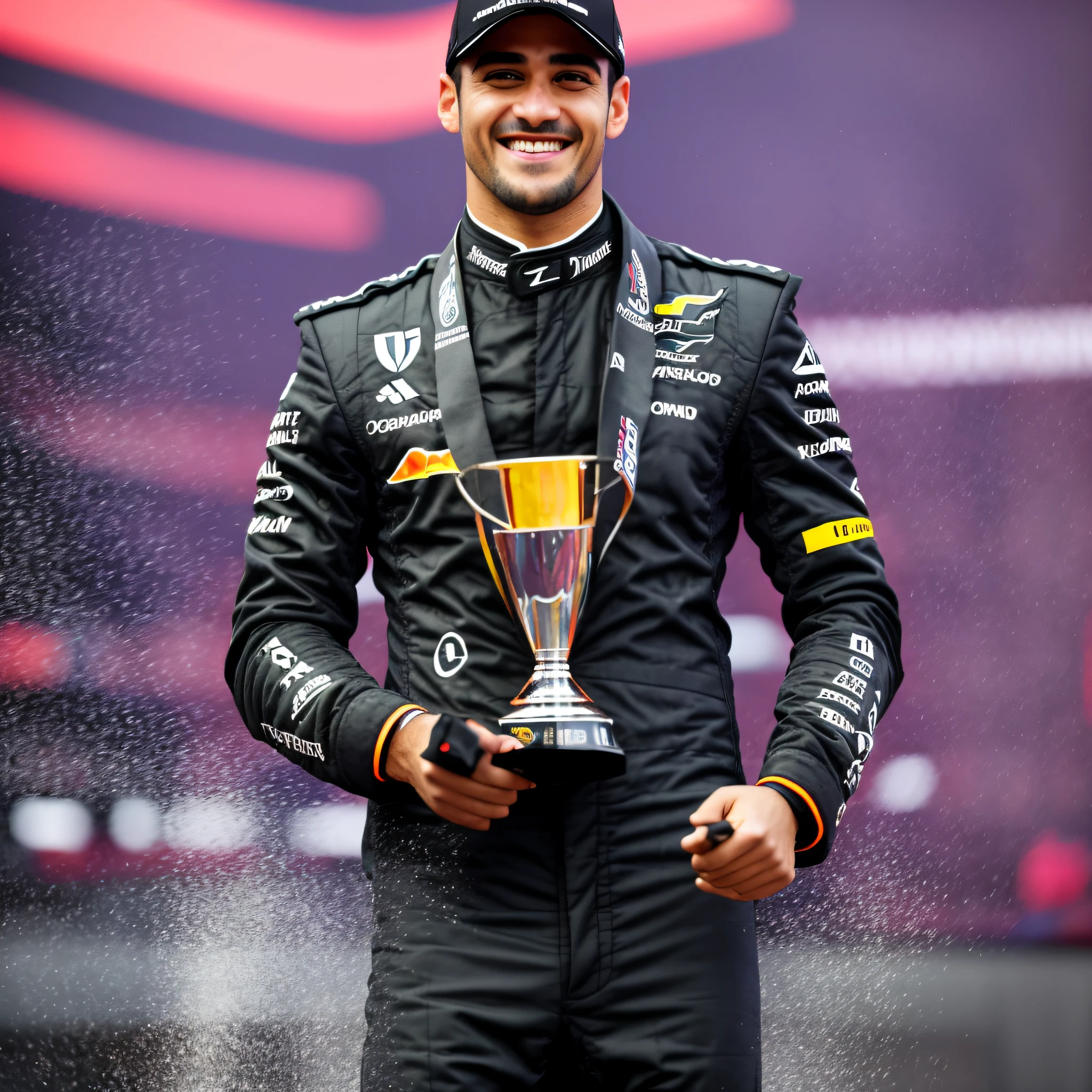 man in black suit holding a trophy and smiling, F 1, F 1/4, F/1, F 1/3, F 1. 3, f 1.2, f 1. 2, F1.2, F2, F 2, podium --auto --s2