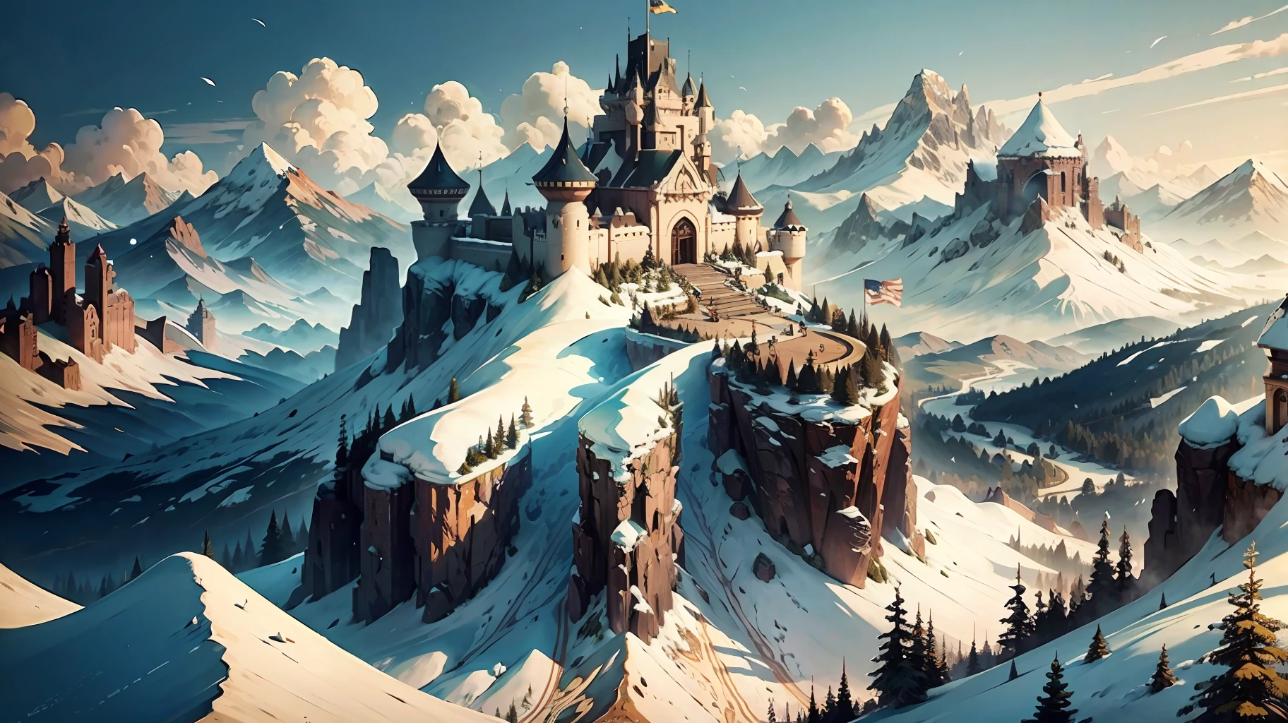 Show a kingdom as seen from a mountain