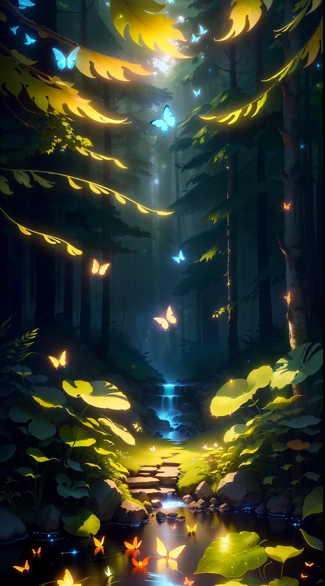 9:16 Full image, masterpiece, best quality, magic beam, (very detailed CG unit 8k wallpaper), (best quality), (best illustration), (best shadows), with Forest theme with natural elements. Tall trees, quiet streams, small bright mushrooms surrounded by delicate leaves and branches, with fireflies and bright particle effects, (natural elements), (jungle theme), (leaves), (branches), (fireflies), butterflies, (delicate leaves), (brightness), (particle effects). , isometric 3D, Octane rendering, Ray traced, super detailed with futuristic indian