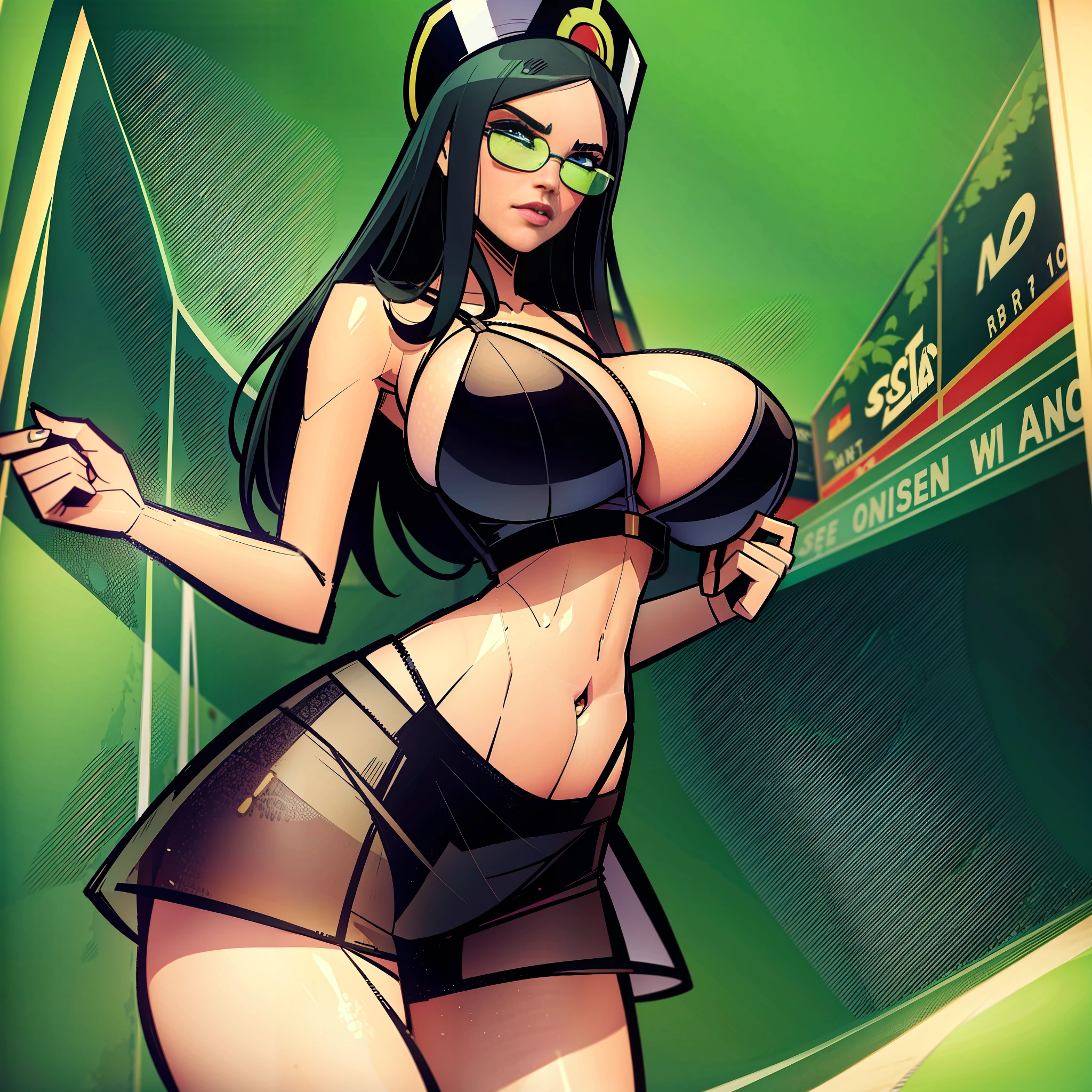 Tennis player cartoon with small lingerie, huge breasts, breasts come out of lingerie, small lingerie, no skirt, in panties, sexy legs, black hair, sexy glasses, huge breasts SFW, comic drawing style, GTA5 art, huge breasts, pretty nose, blue eyes, blonde hair, white cap, white clothes, comic drawing style, GTA5 art,  pretty legs, pretty waist, Nico robin from One piece, Miss fortune, comic drawing style, GTA5 art, giant breasts