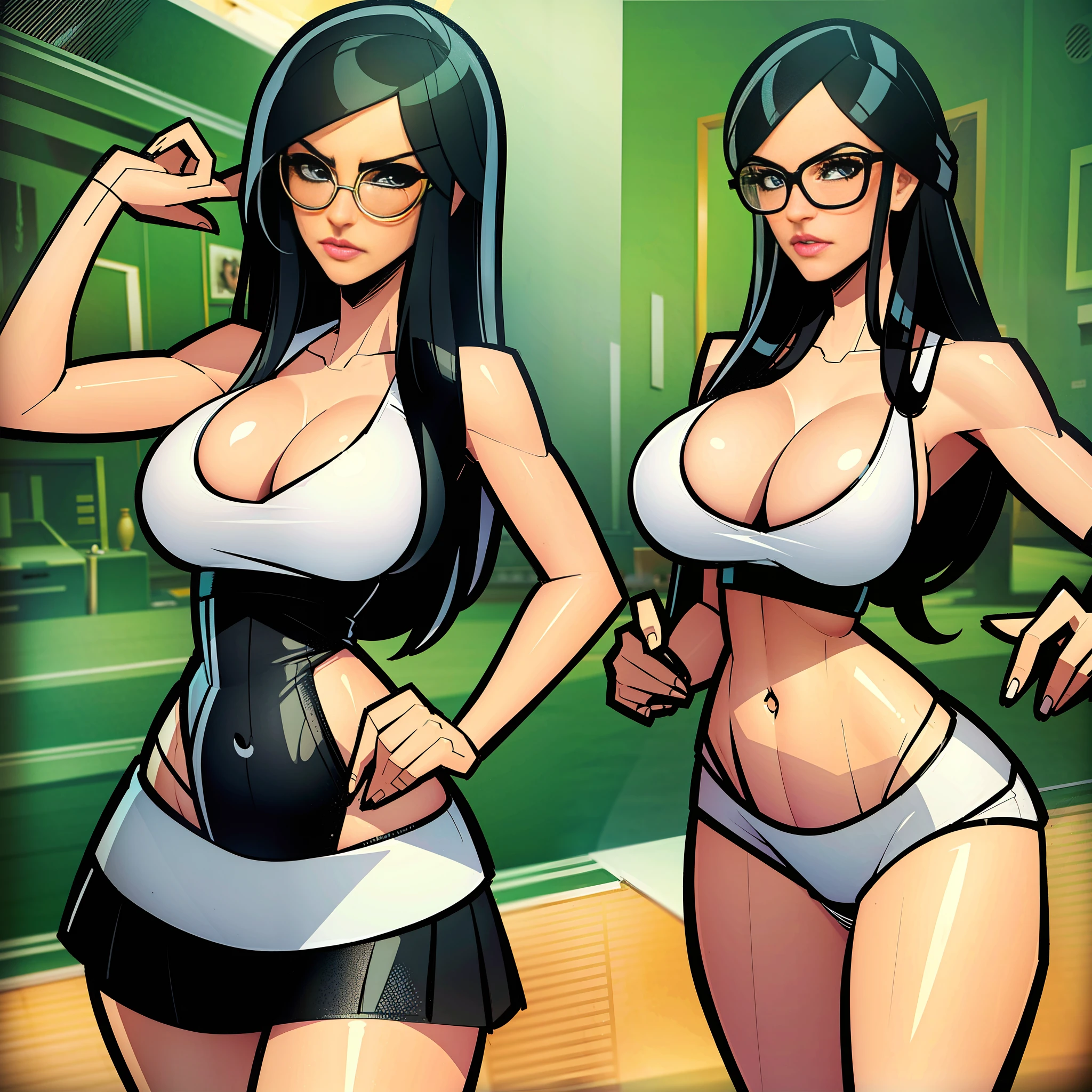 Tennis player cartoon with small lingerie, huge breasts, breasts come out of lingerie, small lingerie, no skirt, in panties, sexy legs, black hair, sexy glasses, huge breasts SFW, comic drawing style, GTA5 art, huge breasts, pretty nose, blue eyes, blonde hair, white cap, white clothes, comic drawing style, GTA5 art,  pretty legs, pretty waist, Nico robin from One piece, Miss fortune, comic drawing style, GTA5 art, giant breasts