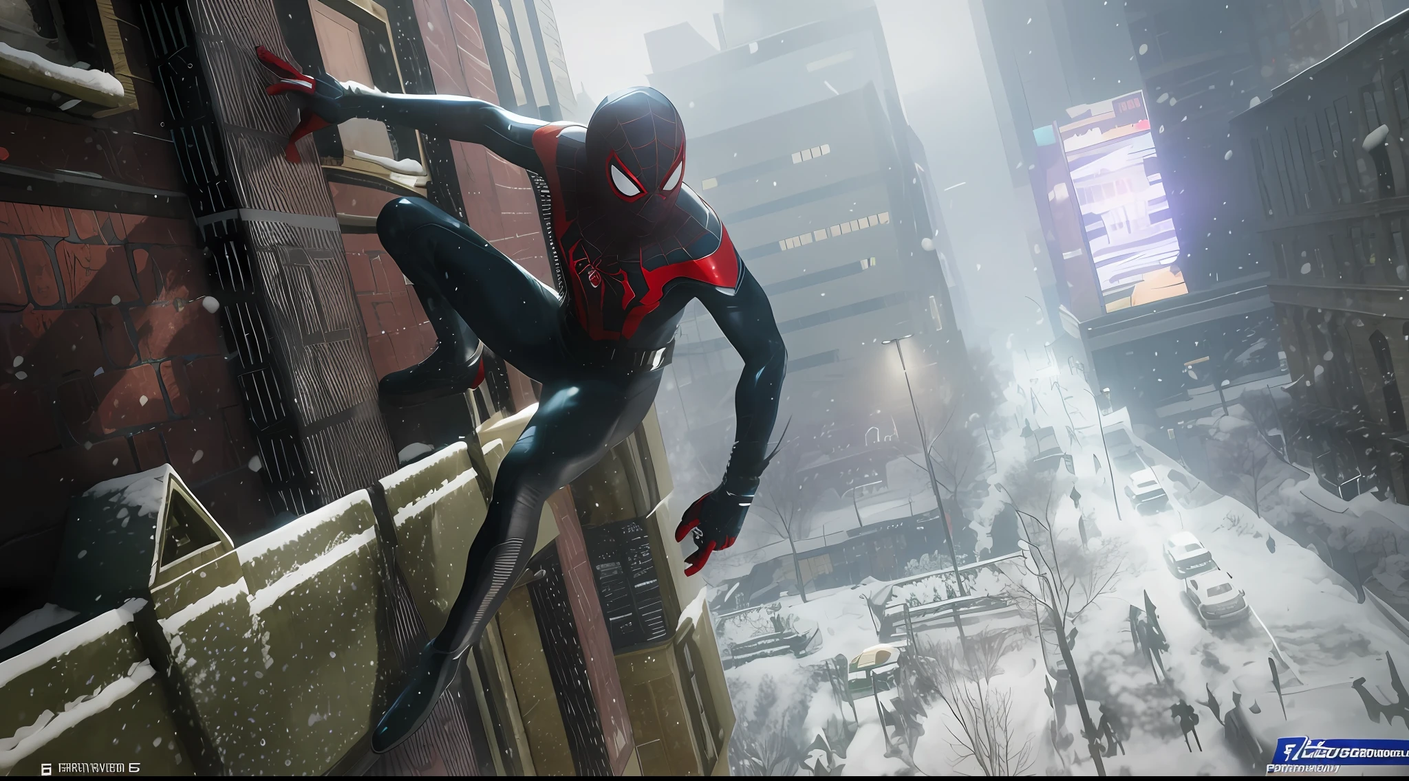 spider - man on a ledge in a city in the snow, miles morales, ps5 cinematic screen capture, miles morales!!!, donald glover as miles morales, ps 5 screenshot, ps 5 gameplay, playstation 5 graphics, playstation 5 screenshot, futuristic style spiderman, 2020 video game screenshot, ps5 game, 8k render”, on ps5, spider - man