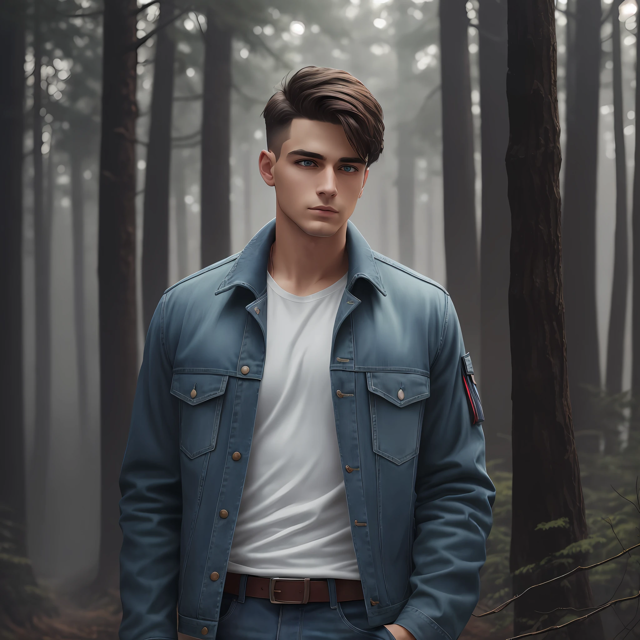 Young American adult man with dark blue eyes, athletic, dark brown hair military cut, wearing white blouse and long jacket and blue jeans. Dark forest background with fog. Realistic, 4k, better quality, better image.