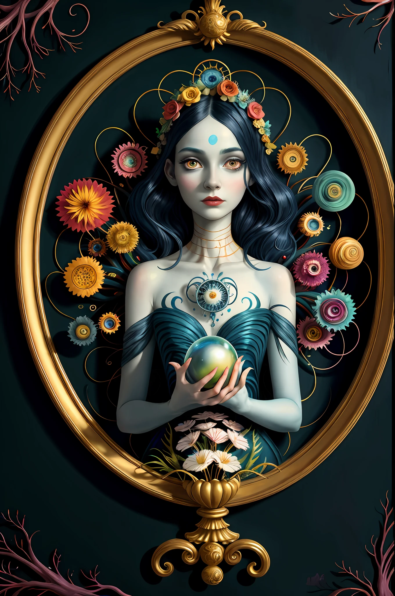 colorpop style, pointy hair, blue skin, natalie shau, mark ryden, alberto seveso, brooke shaden, anna dittmann, flora borsi, yin yang anthill, ant, lily, insect, fern, beautiful full body photo with oil painting, with thick brushstrokes and wet paint, fibonacci, golden ratio, melted wax, visible brushstrokes, surrounded by crystal ball, 3D Mosaic wireframe, neural graphics, neurons, tree of life, color, love, passion, oil on canvas, thick brush strokes, crazy details, 8k uhd, masterpiece, art station, surrealism