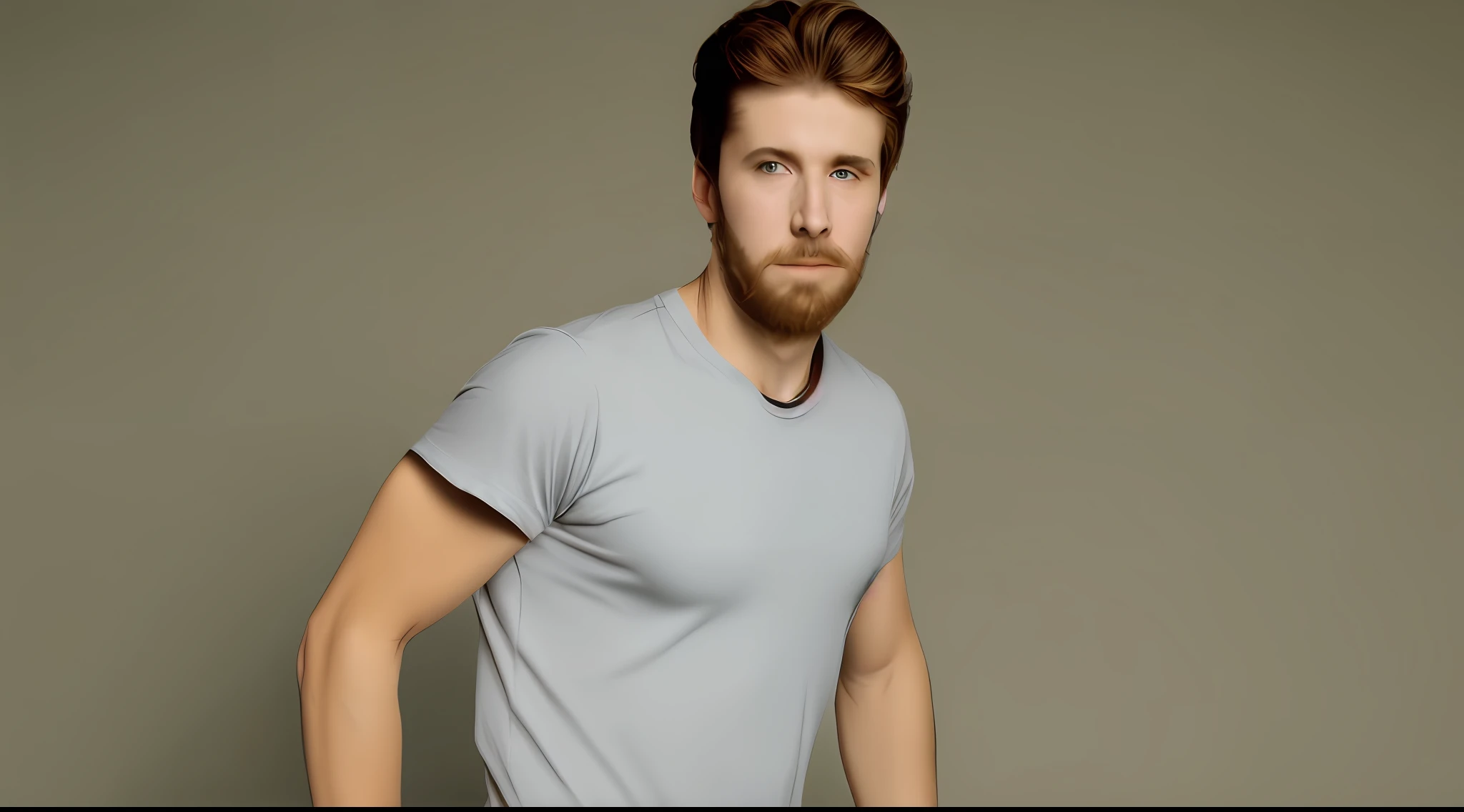 White man, with light brown hair, little beard, in a T-shirt and shorts. athletic body. at 30 years of age.