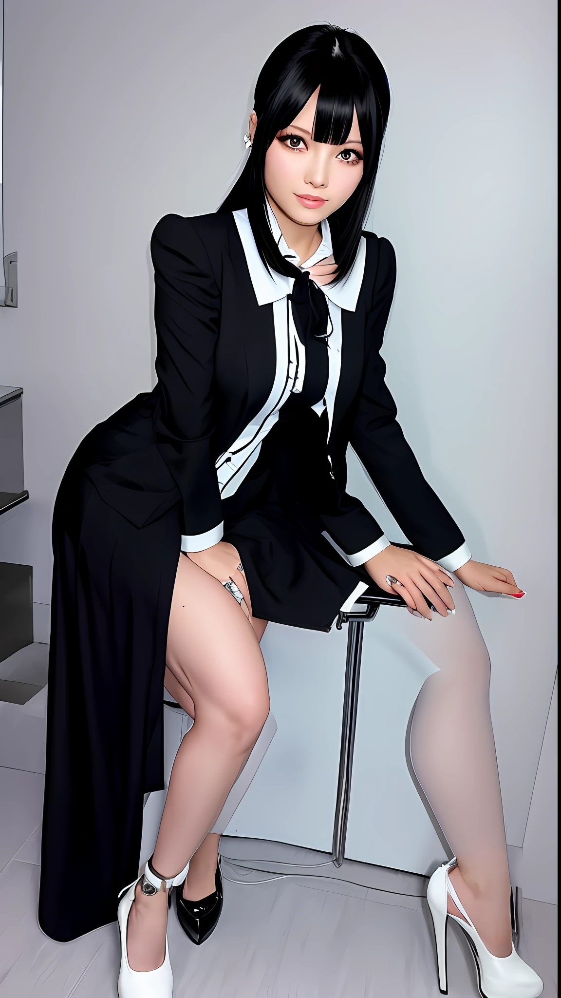 Nico robin from one piece dressed as a secretary. Wore black and white clothes and with nfsw neckline, anime, cosplay
