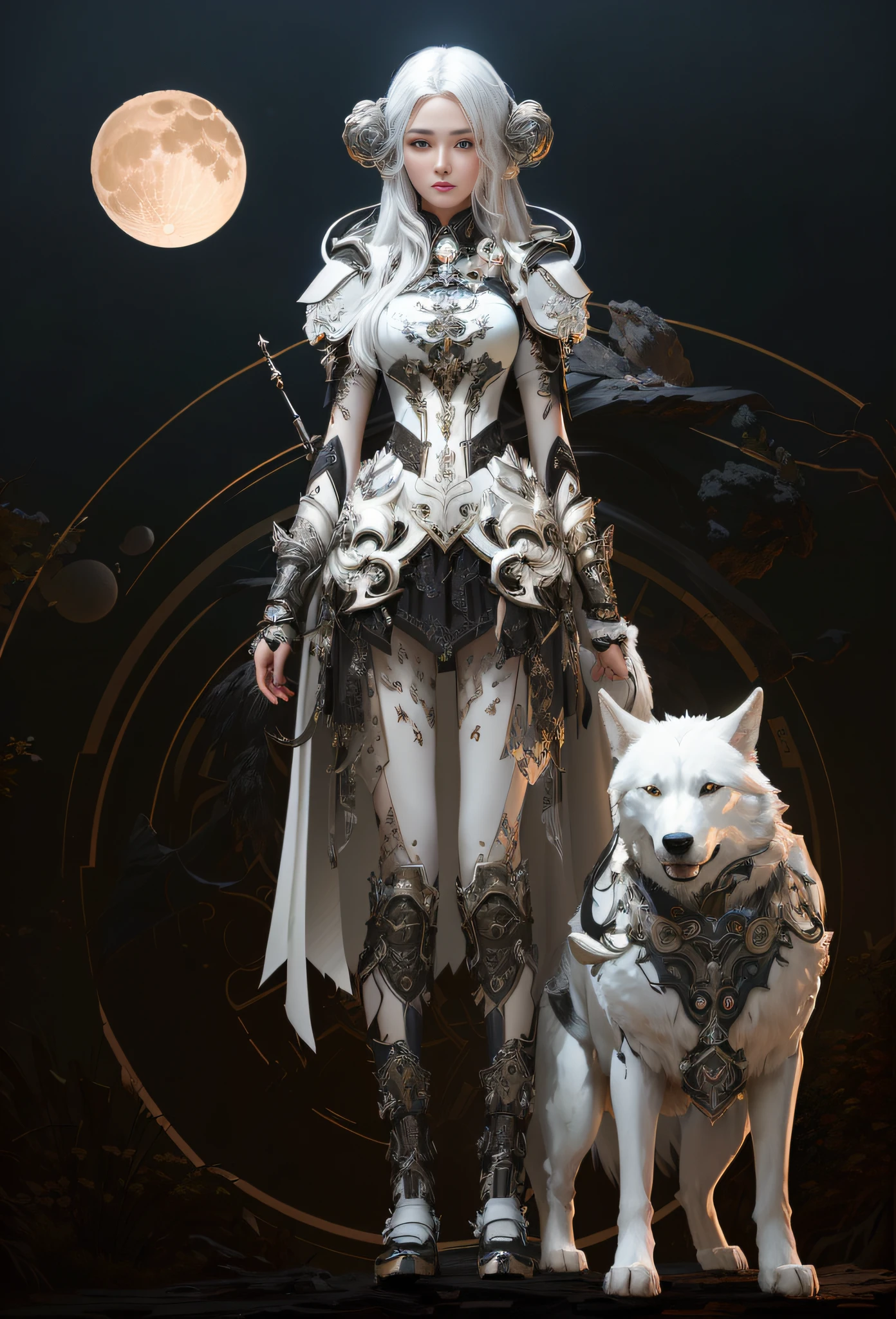 there is a woman and a dog standing in front of a full moon, stunning cgsociety, full body cgsociety, goddess of the hunt and the moon, trending in cgsociety, cgsociety and fenghua zhong, cgsociety contest winner!!, cgsociety 9, cgsociety contest winner, female anthropomorphic wolf, cgsociety contest winner!!!