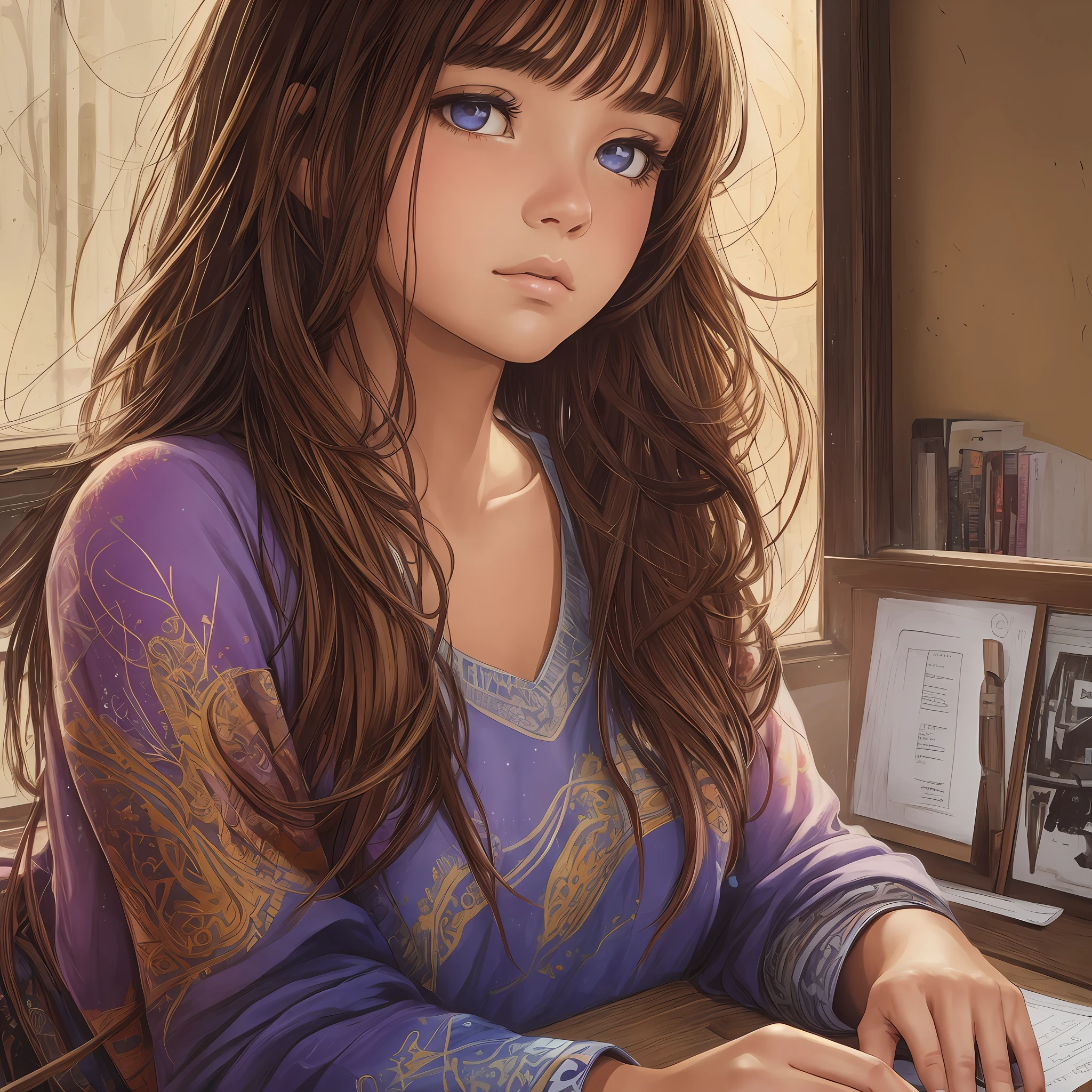 A teen/young woman daydreaming intently, distant expression, dazed, unfocused, in a bed room with tan walls, a desk in a corner of the room, the girl has a perfect face, she has brown hair, perfect composition, digital painting, smooth, Carne Griffiths, Victo ngai, Jean Baptiste Monge, shiny aura, beautiful, good eyes, good mouth, good quality, (full shot!) ballpoint pen art --auto --s2