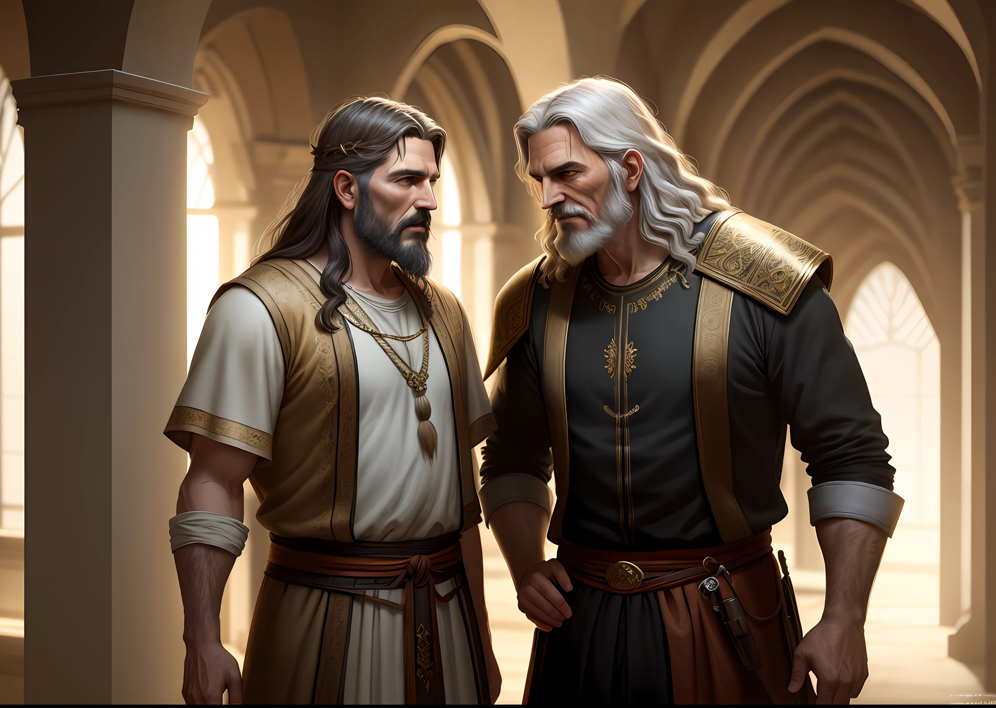 Old father and son arguing, biblical era, Jesus-style clothes,masterpiece, best quality, high quality, 8k unit wallpaper CG extremely detailed, award-winning photography, Bokeh, Depth of Field, HDR, bloom, chromatic aberration, photorealistic, extremely detailed, trend in artstation, trend in CGsociety, intricate, high detail, dramatic, art in the middle of the journey, volumetric lighting