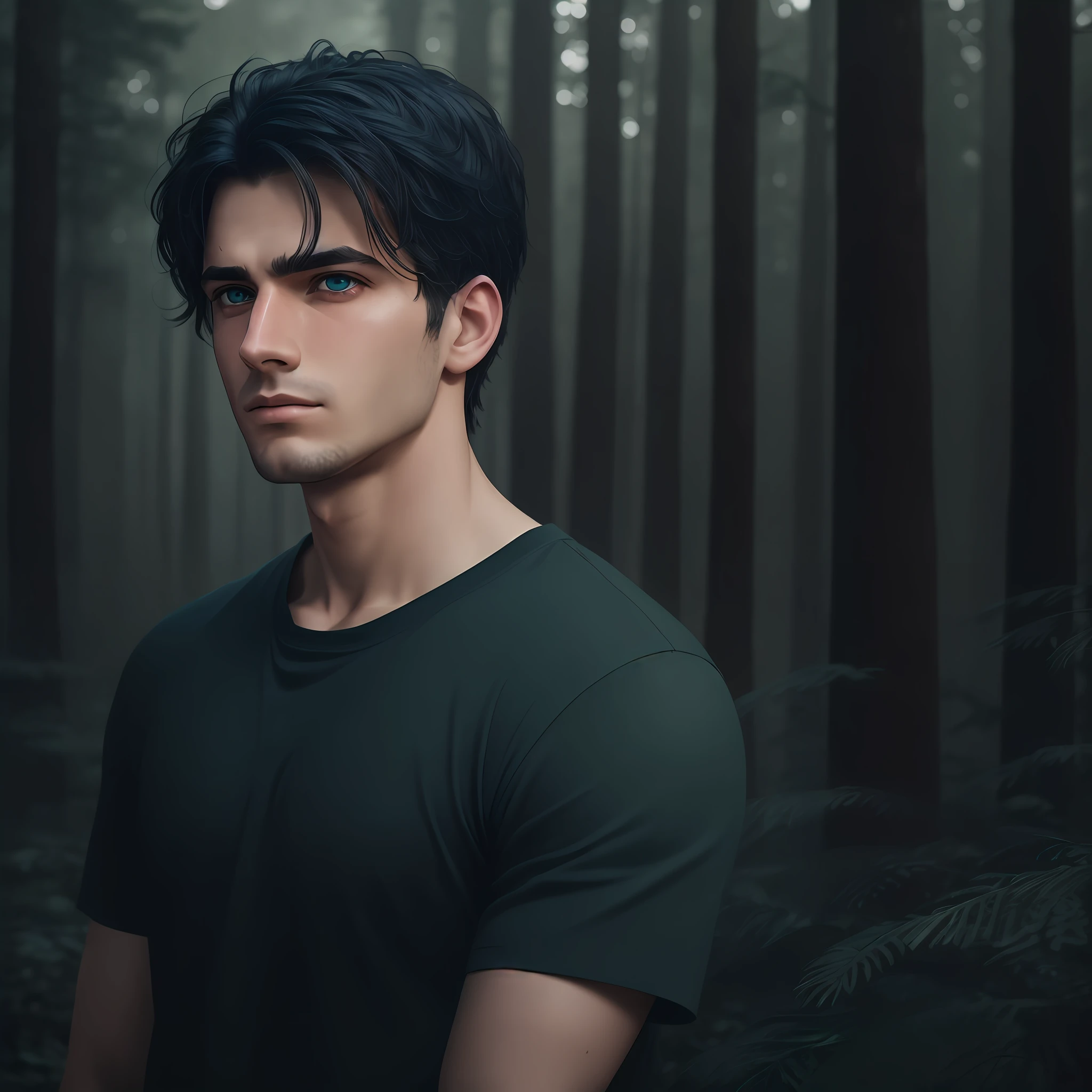 Young American adult man with green eyes, athletic, black hair, wearing blue shirt black jeans with light tears. Dark forest background with fog. Realistic, 4k, better quality, better image.