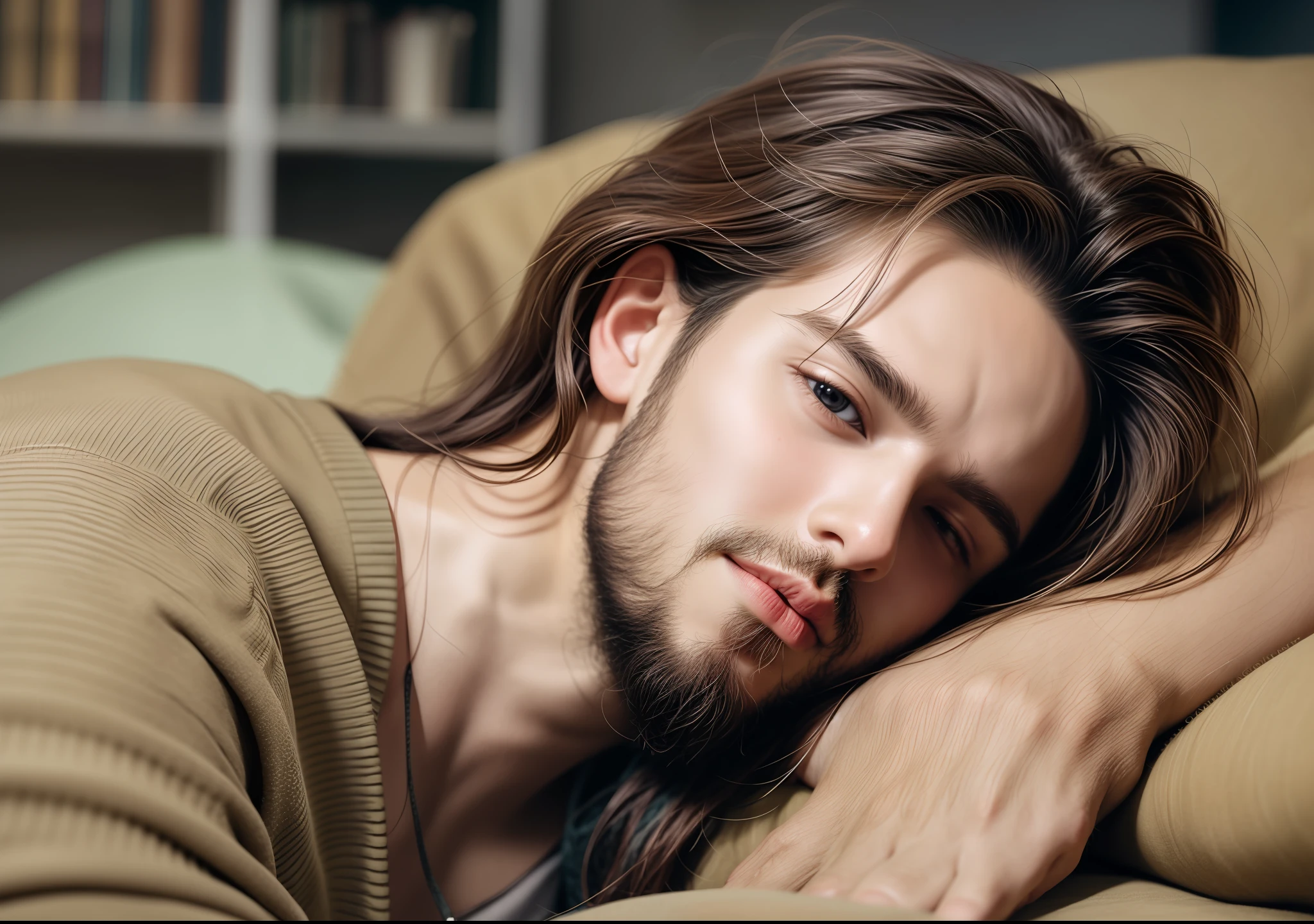 A young man of 25 years, with a beard, lying down and dreaming of a prosperous future.