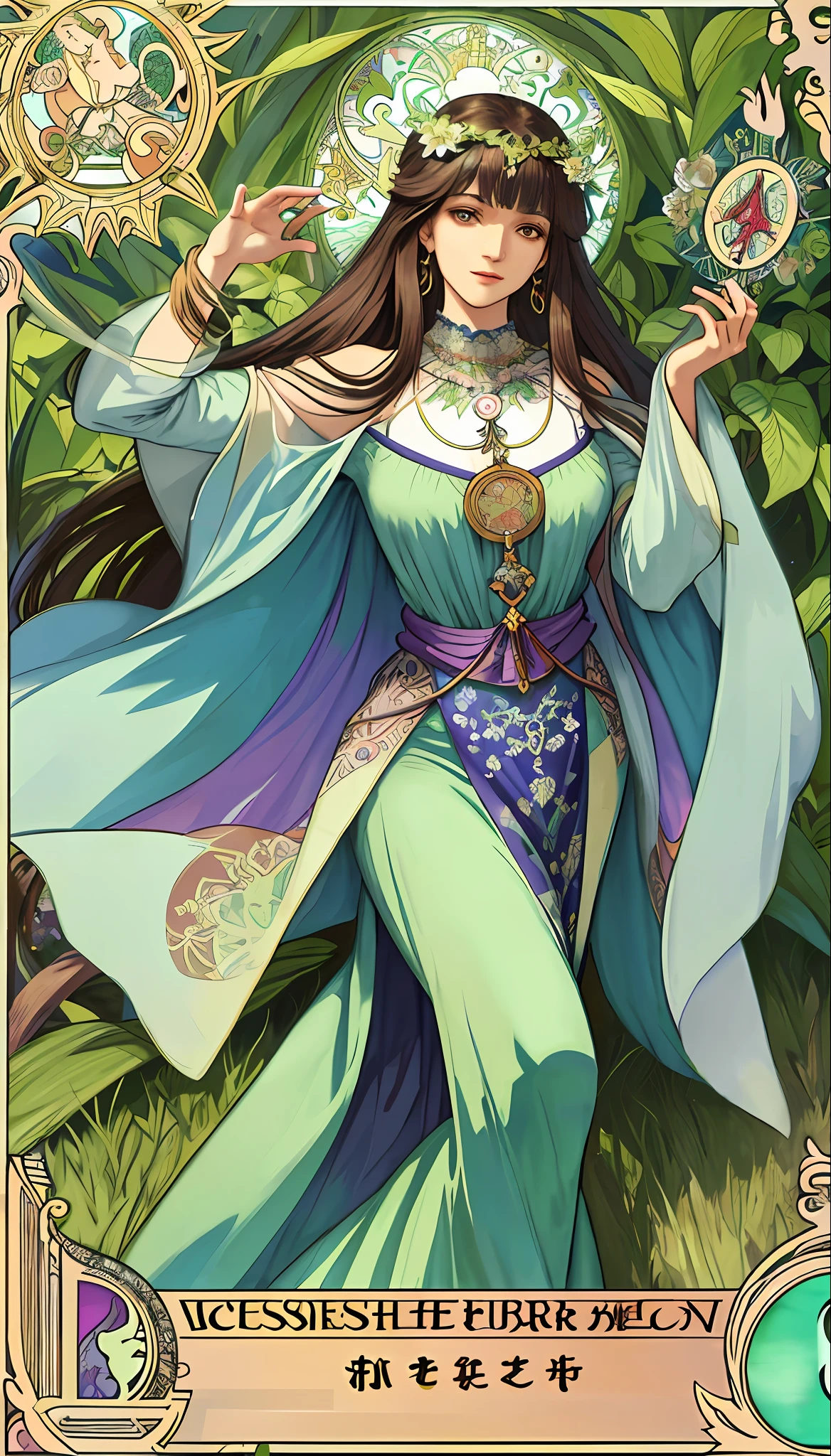 masterpiece, best quality, Alphonse Mucha, art nouveau,
 (tarot card style:1.3),  unique tarot card framework incorporating floral and greenery elements,
blunt bangs, black straight long hair, looking at viewer, 
Amidst a verdant garden, a mystical maiden in a blossoming gown dances with ethereal creatures, bathed in sunlight that illuminates flourishing flora and ancient tarot symbols,
roses, lilies, cherry blossoms, irises, foliage, moss, and vines, elegant dresses inspired by nature, accessories including flower and leaf-designed necklaces, earrings, rings, bracelets, hair ornaments, butterflies, birds, bees, tarot symbols reimagined with floral and greenery designs, goddesses, natural backgrounds like gardens, forests, lakesides, effective use of light and shadow, 
realistic, hyper realistic lifelike 3d, zentangle,