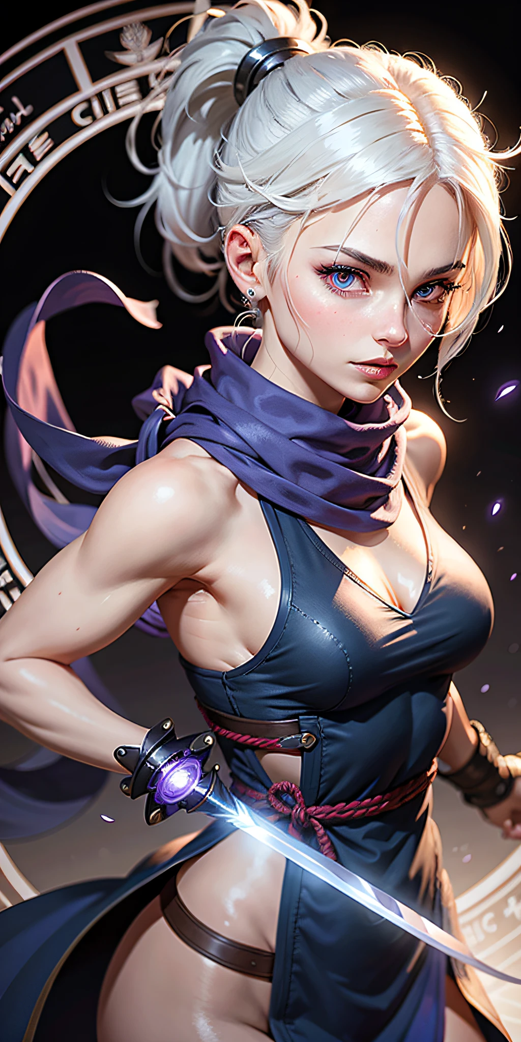 upper body, 1girl, white hair, ponytail, purple eyes, (ninja), short sword, medium breats ,scarf, wallpaper, magic circle background, light particles, blue fire,