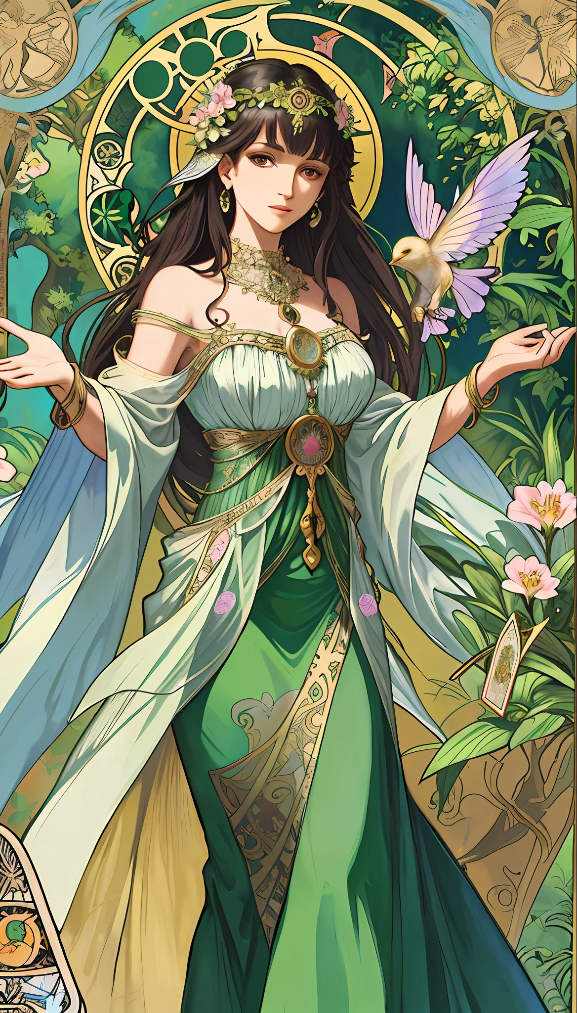 masterpiece, best quality, Alphonse Mucha, art nouveau,
(tarot card style:1.3), unique tarot card framework incorporating floral and greenery elements,
blunt bangs, black straight long hair, looking at viewer,
Amidst a verdant garden, a mystical maiden in a blossoming gown dances with ethereal creatures, bathed in sunlight that illuminates flourishing flora and ancient tarot symbols,
roses, lilies, cherry blossoms, irises, foliage, moss, and vines, elegant dresses inspired by nature, accessories including flower and leaf-designed necklaces, earrings, rings, bracelets, hair ornaments, butterflies, birds, bees, tarot symbols reimagined with floral and greenery designs, goddesses, natural backgrounds like gardens, forests, lakesides, effective use of light and shadow,
realistic, hyper realistic lifelike 3d, zentangle,