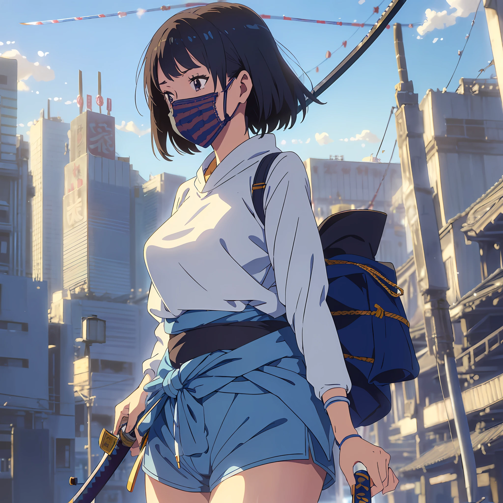 (Minute details, masterpiece, delicate work), ((anime style)), fluid stroke, girl, blue sweatshirt, ((wearing mask)), wearing shorts,((((katana at the waist)))), proportional body, symmetrical body,short hair, female, top quality,soft focus,(((Just 1girl))), Tokyo city background, aesthetic, --auto --s2