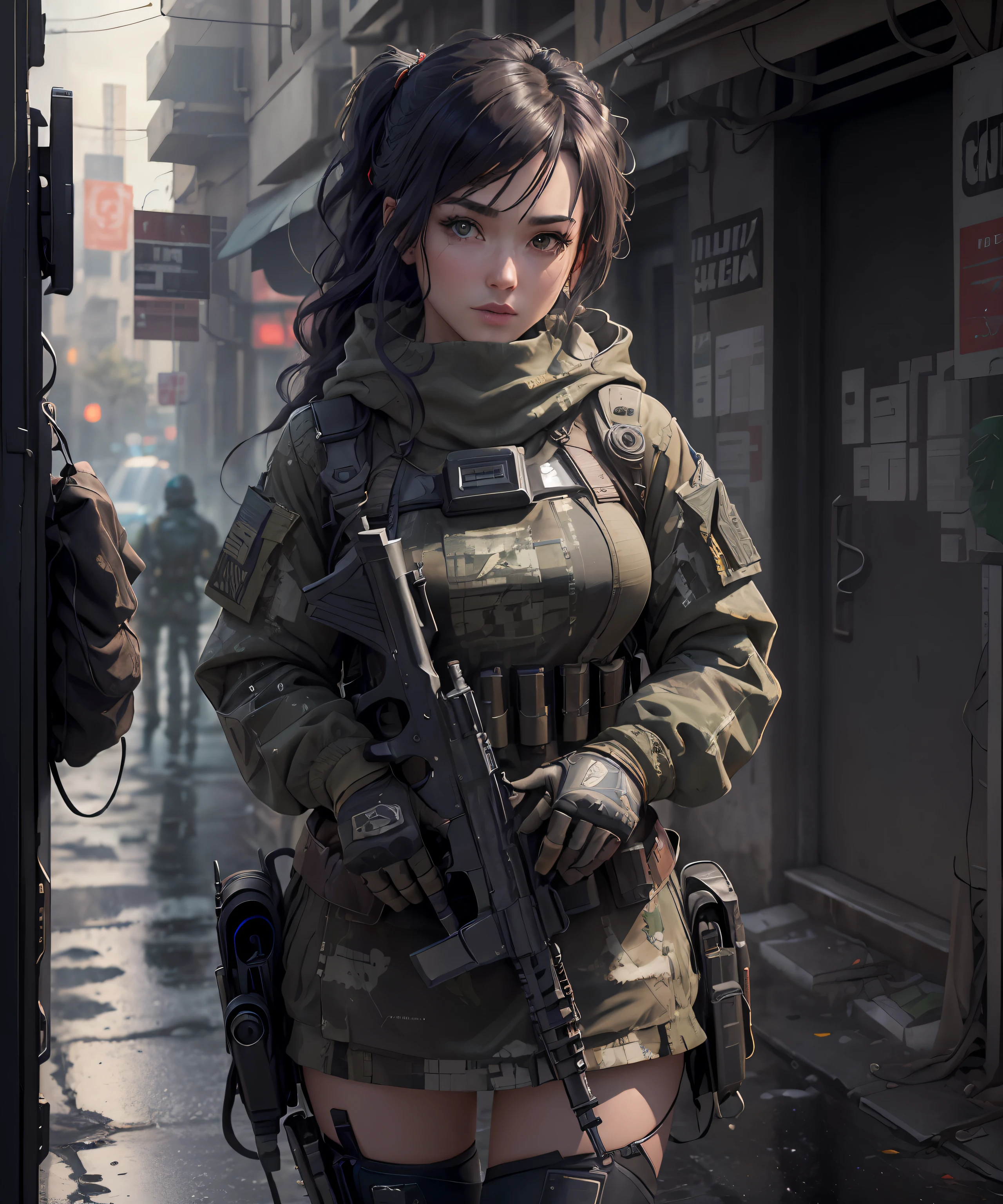 ((Best Quality)), ((Masterpiece)), (High Detail:1.3), 3D, machine gun in hand,beautiful (cyberpunk:1.2) special forces, robort, woman with thick voluminous hair in (in camouflage_uniform:1.1), bulletproof vest, raincoat, digital (camouflage: 1.3), HDR (High Dynamic Range), ray tracing, NVIDIA RTX, ultra-high resolution, Unreal 5, subsurface scattering, PBR texturing, post-processing, anisotropic filtering, depth of field, maximum clarity and sharpness, multi-layered textures, albedo and reflection maps, surface shading, accurate simulation of the interaction of light and material, ideal proportions, octane rendering, two-color lighting, wide aperture, low ISO, white balance, rule of thirds, 8K RAW, Effective subpixel, subpixel convolution,