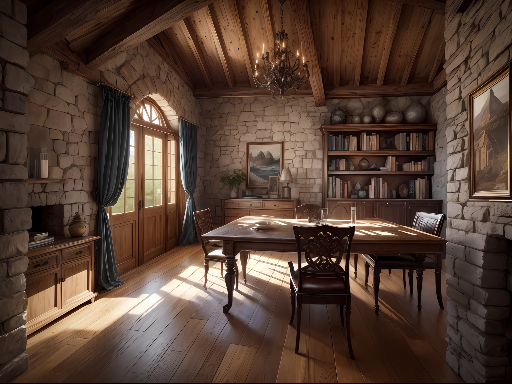 A medieval-inspired yet sophisticated home interior, with stone walls and exposed wooden beams, adorned with tapestries and antique artifacts, floor-to-ceiling bookshelves crafted from rich, dark wood, showcasing a vast collection of books, the scent of aged parchment filling the air, a large glass and metal desk with a clean design, a modern ergonomic chair in wood and leather, overlooking an inspiring view of the ocean and beach, a lively landscape through the window, a perfect blend of aesthetics, Photography, wide-angle lens (24mm) to capture the grandeur of the space and the expansive view