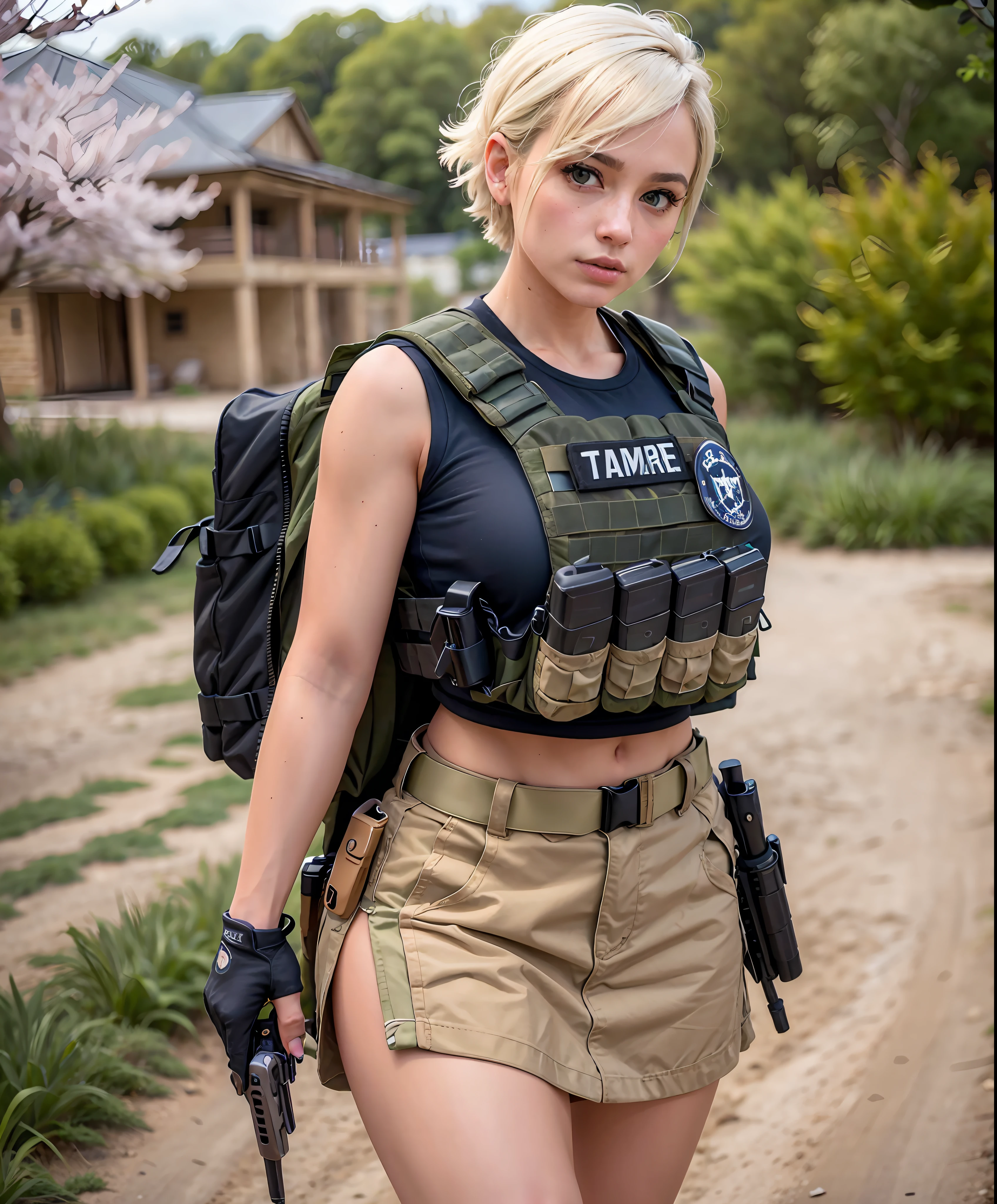 ((portrait shot)) Tacticool, beautiful fingers,detailed fingers,woman, European face,(white short hair: 1.5),military skirt,(vest: 1.2), machine gun in hands,military, 4k, high resolution, masterpiece, best quality, (head: 1.3), finely detailed leather, décolleté, large cherry blossom tree.skirt,tilt towards the viewer