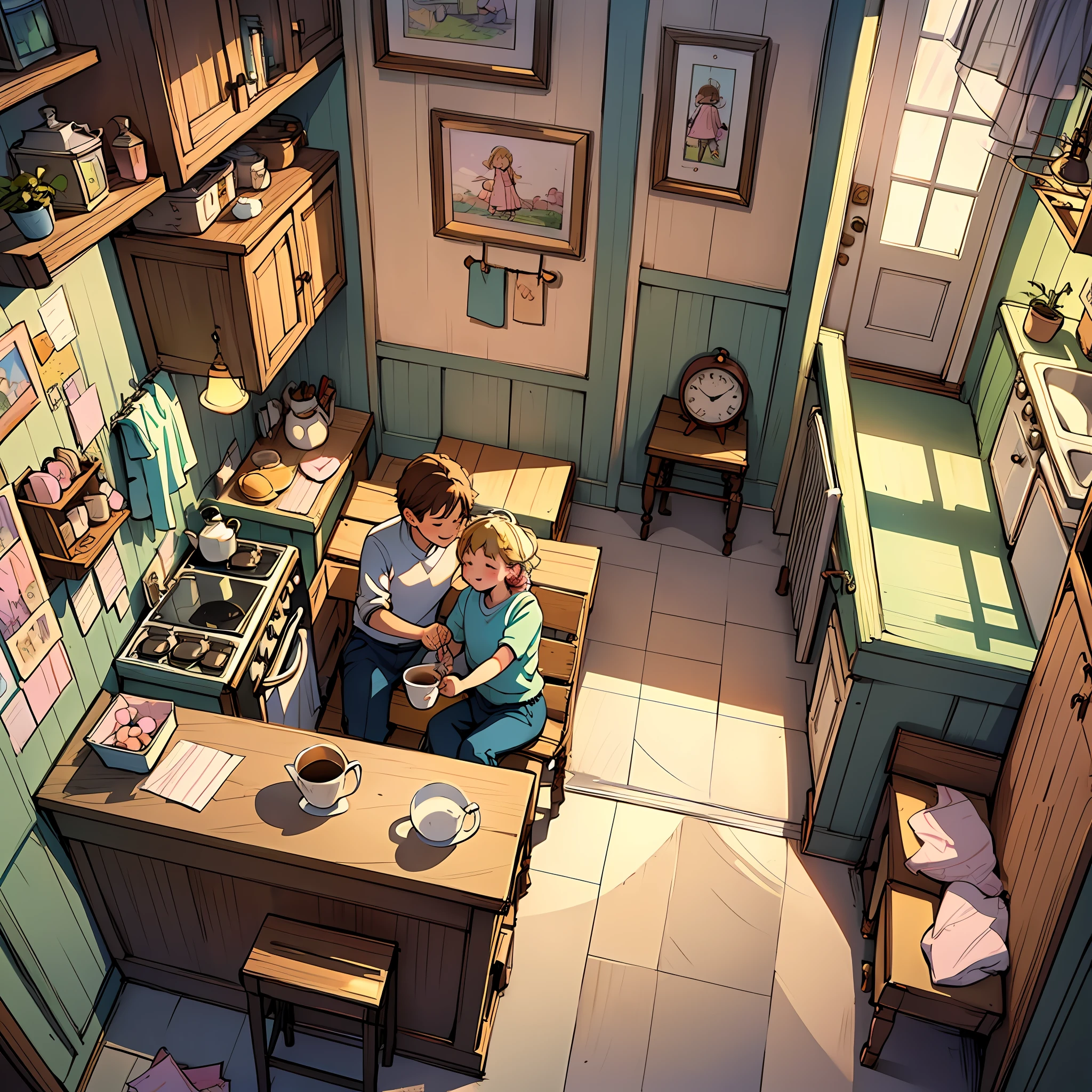 (masterpiece, sketch, pastel colors:1.4), an isometric sketch illustration in the style of Bill Watterson, depicting a charming scene in soft pastel tones, where a 5--old a 5-year-old girl seen a cozy kitchen enjoying a coffee break together. The illustration captures the essence of warmth and simplicity, transporting viewers into a nostalgic and exciting atmosphere. The isometric perspective provides a unique view of the scene, showing the kitchen with its charming details and inviting ambience. The boy and girl are portrayed with innocence and joy, their smiles and relaxed postures reflecting the comfort and companionship they share. The soft pastel colors create a soothing and soothing atmosphere, adding to the feeling of coziness of the moment. The sketching style adds a touch of whimsy and artistry, reminiscent of Bill Watterson's iconic illustrations. This moving illustration captures a timeless moment of connection and friendship, inviting viewers to appreciate the simple joys of life, the boy has dark brown colored hair with his gorgeous curls, while the girl has beautiful blonde hair.