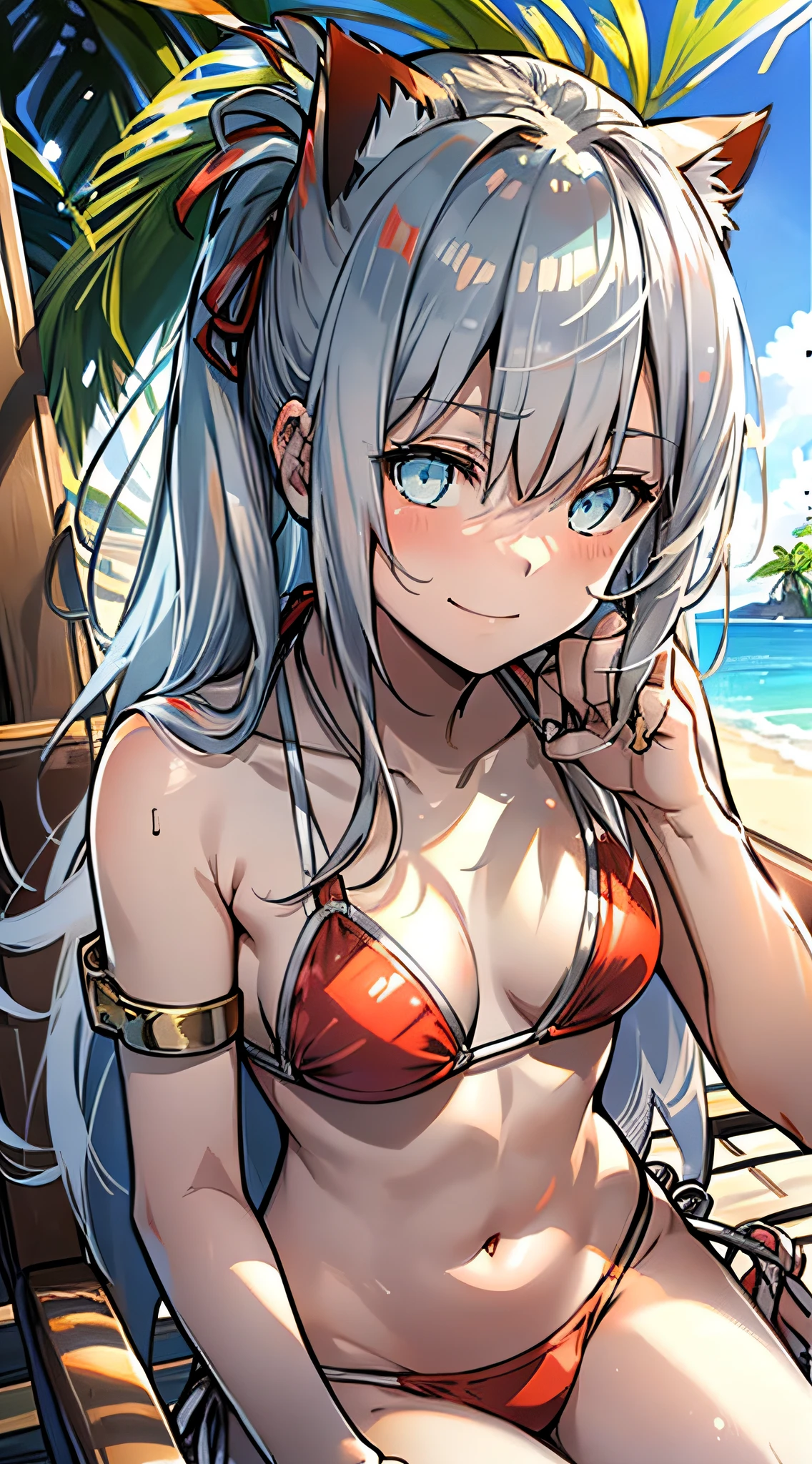((Masterpiece)), ((Squat)), (Sit on a White Beach Chair and Drink Tropical Juice), (((Metallic Red Bikini)), Cat-eared Girl, Long-haired, Ponytail, (Silver-haired), Sad Smile, Aqua Eyes, Small, 15 years old, Noon, Sunshine, Seaside, Fantastic sky