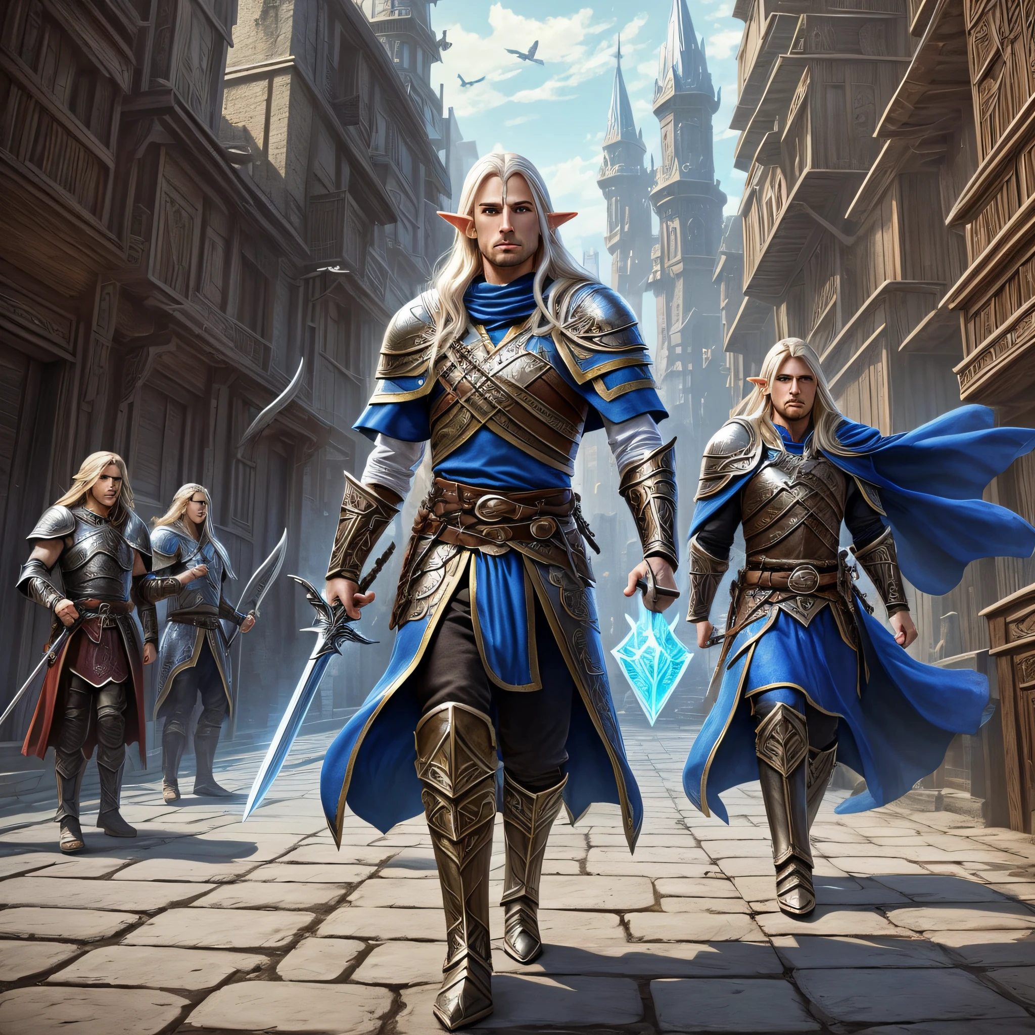 Male half elf 4k fantasy art, with long blond, silver hair, 4k fantasy art dnd, wearing leather armor dnd 4k fantasy wearing azure cloak, bladesinger 4k fantasy art, casting a spell 4k RPG art, dnd art holding a long sword with elven sigils 4k fantasy art, in a fantasy urban setting battling 3 orcs thugs 4k fantasy art --auto --s2