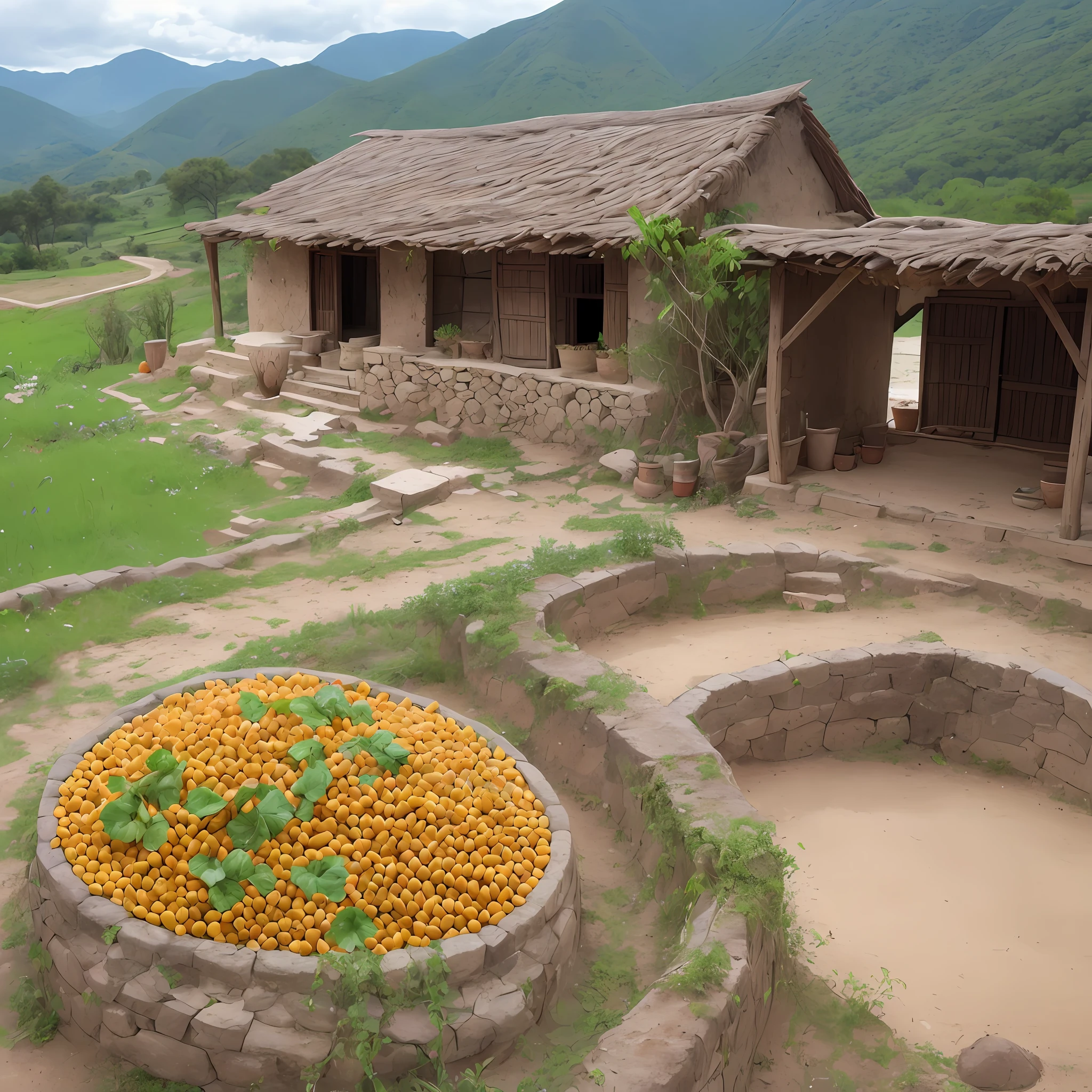 At the foot of a curved earthen mountain, a dilapidated earthen hut and a courtyard enclosed by earthen walls are planted with corn, beans, eggplants, green onions, and persimmons --auto --s2