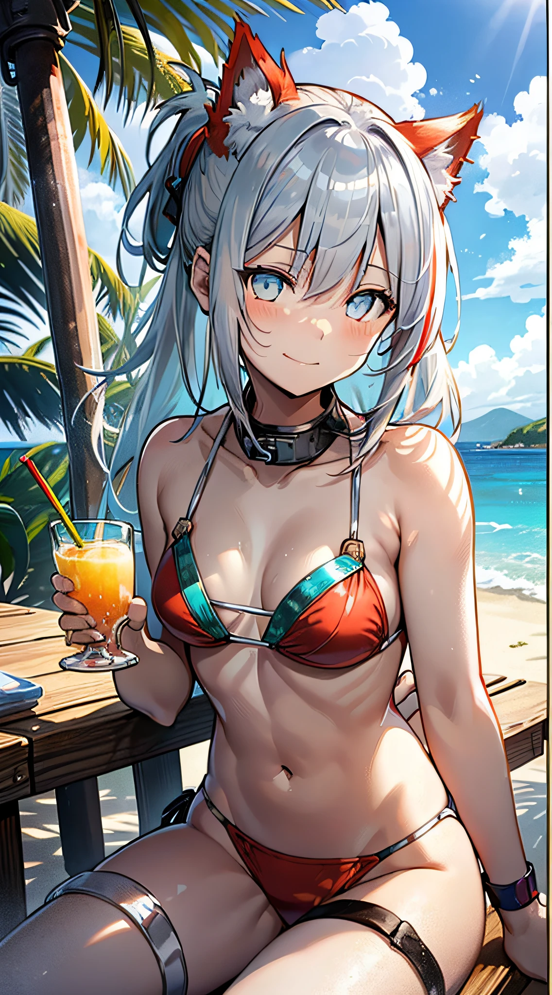 ((Masterpiece)), ((Squat)), (Sit on a White Beach Chair and Drink Tropical Juice), (((Metallic Red Bikini)), Cat-eared Girl, Long-haired, Ponytail, (Silver-haired), Sad Smile, Aqua Eyes, Small, ************, Noon, Sunshine, Seaside, Fantastic sky