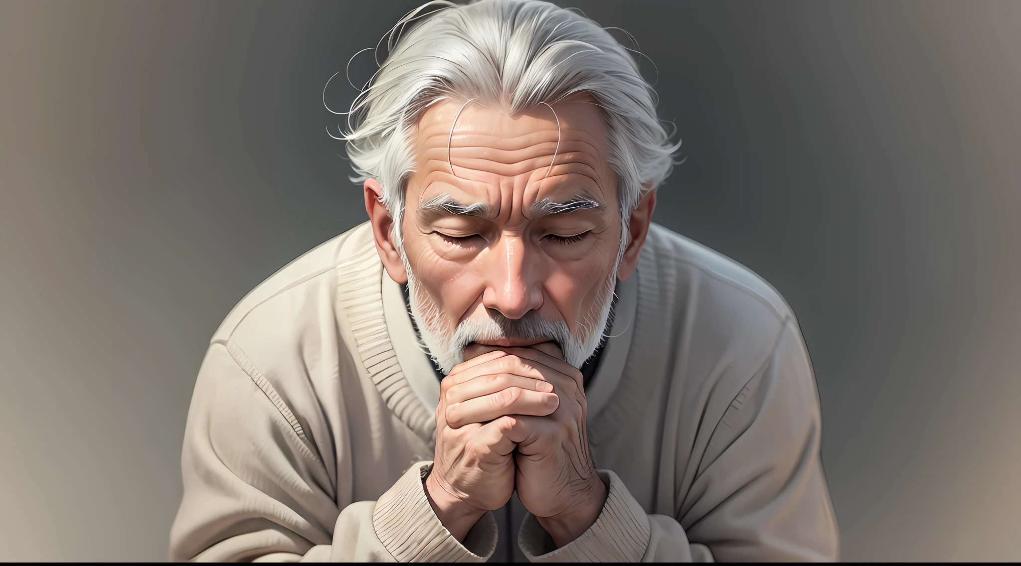 A man, in his 50s, gray-haired, praying with his eyes closed and hands clasped together, suggesting introspection and spiritual reflection with a soft background --auto --s2