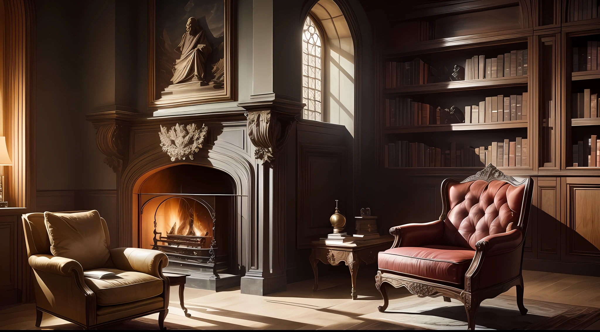 Immerse yourself in a medieval-inspired yet sophisticated study, with walls adorned in aged stone, a majestic fireplace crackling with warmth, floor-to-ceiling bookshelves constructed from intricately carved wood, filled with a vast collection of books spanning centuries, a large glass and metal desk with a sleek design, accompanied by a modern ergonomic chair in wood and leather, positioned to offer an awe-inspiring view of the ocean and beach, a lively landscape through the window, where crashing waves and golden sands create a symphony of beauty, Sculpture, using bronze or marble to sculpt the intricate details of the room and the view beyond,