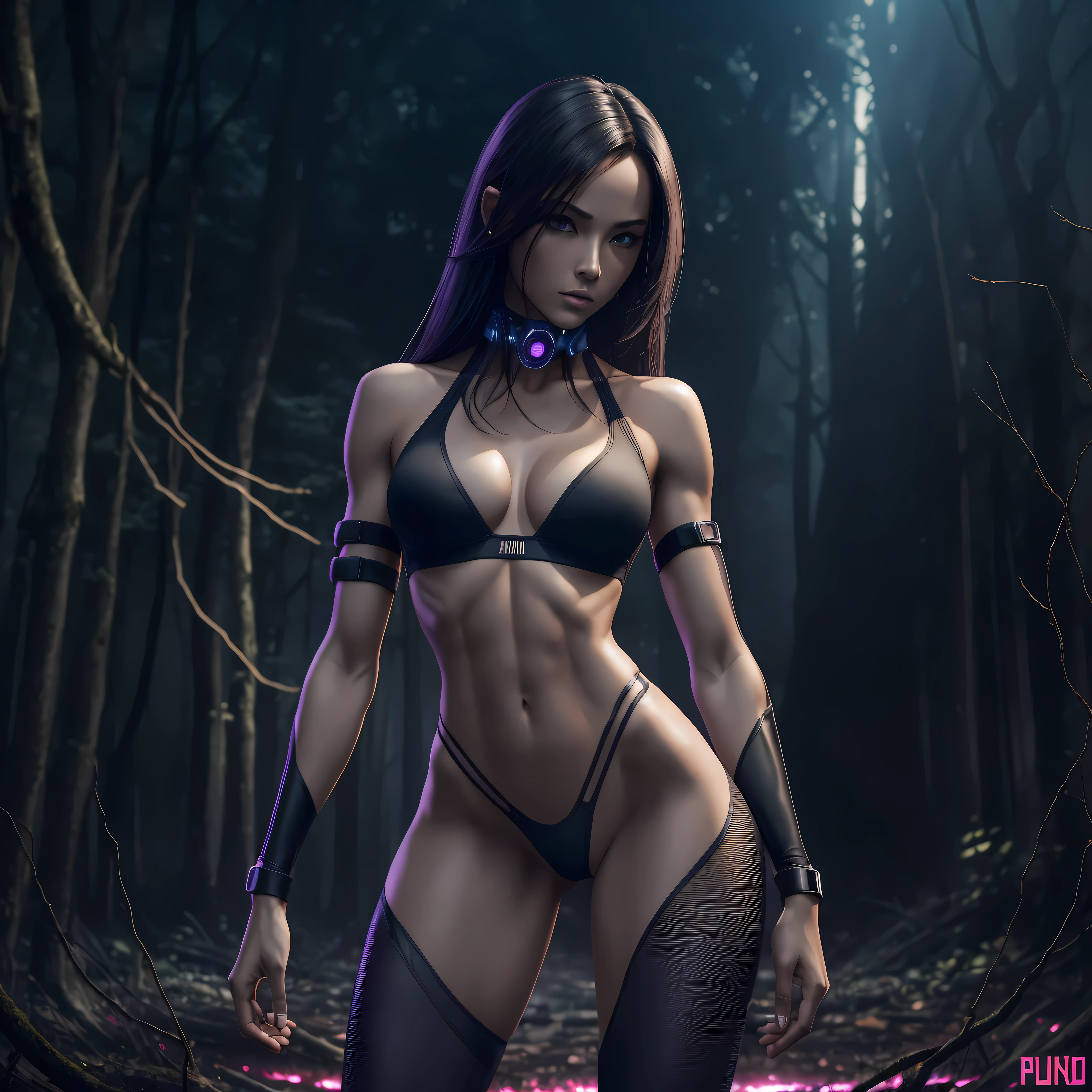 A female model, alone, fair skin, mini thong, realistic, standing on the dark forest like nightmare, with the abandoned city in the background, looking at the camera, slim and athletic silhouette, fitness, defined abdomen, muscle, long and well-turned legs, sexy and seductive pose, sexy expression, nsfw, (fullbody:1.5), cartoon, definied abdomen, skinny, cyberpunk, (thong transparent:1.1), (pubic hair:1.1), (genitalia bastante aparente:1.1)