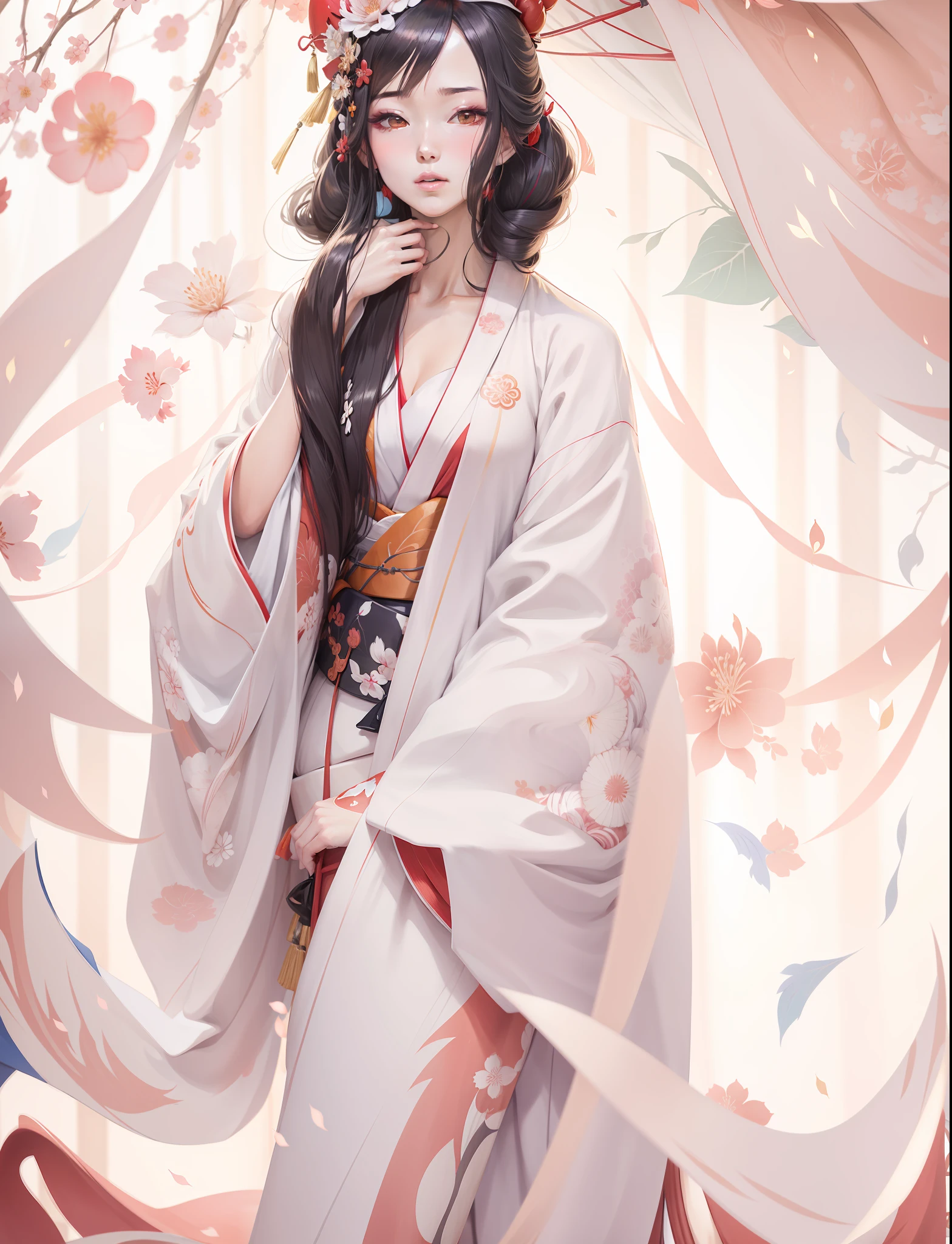 anime - style drawing of a woman in a kimono outfit, onmyoji, flowing hair and long robes, flowing white robes, natsume yuujinchou, onmyoji detailed art, pale and coloured kimono, onmyoji portrait, inspired by Nishikawa Sukenobu, koyoharu gotouge, pixiv contest winner, zerochan art, in kimono