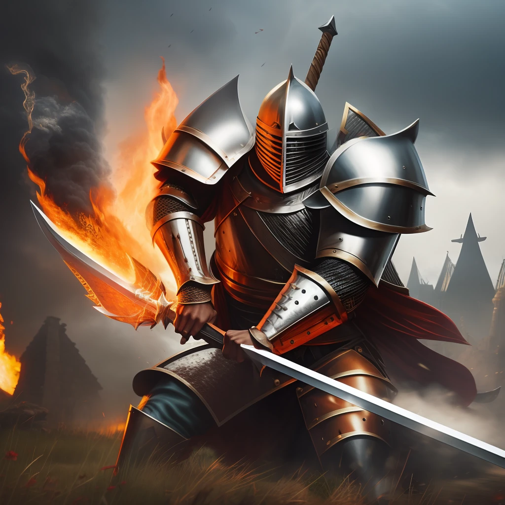 Medieval knight, attacking with the king's sword, war scenery, background storm, background fire tornado, extra realistic, mega graphic, 4k, 8k, 32k, artwork,lots of details, specific details, hypermaximalist, --auto --s2