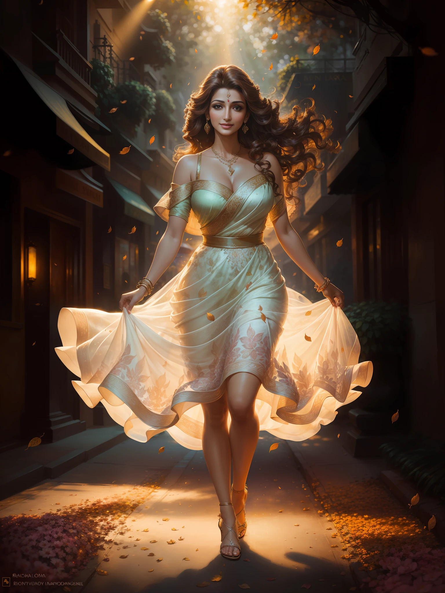 (masterpiece photography realistic depicting ) of a (solo:1.2) alluring ravishing dusky curvy supermodel sonali bendre, dancing on street, wearing beautiful (elegant short flared dress:1.3), enchanting Mumbai Street, heels, (big flowing hair with highlights), (detailed intricate face) (flower in hair), vivacious, lustful glance, exhilarated (beautiful detailed eyes:1.1) , (seductive smile:1.3) intense dramatic lighting, falling leaves and flowers bokeh, backlit, light rays, highly detailed, trending on artstation, paint splashes, rich colour, wind all around, abstract portrait, by Ron hicks