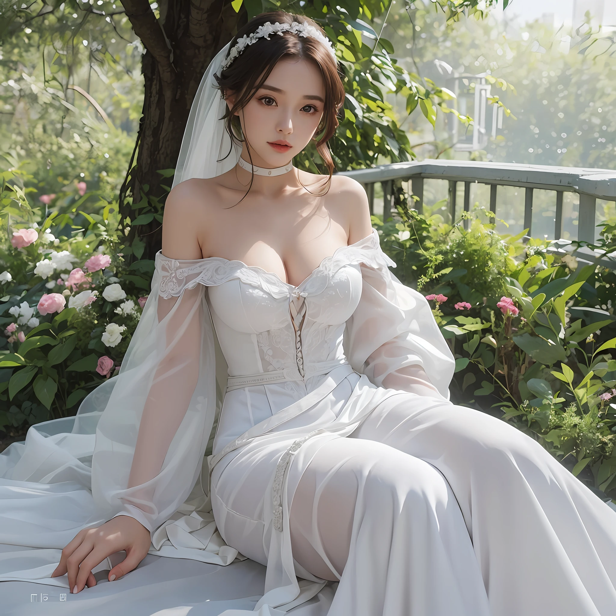 Beautiful 22 year old young lady perfect height ratio wearing white wedding dress tight dress off-the-shoulder waist ribbon --auto --s2