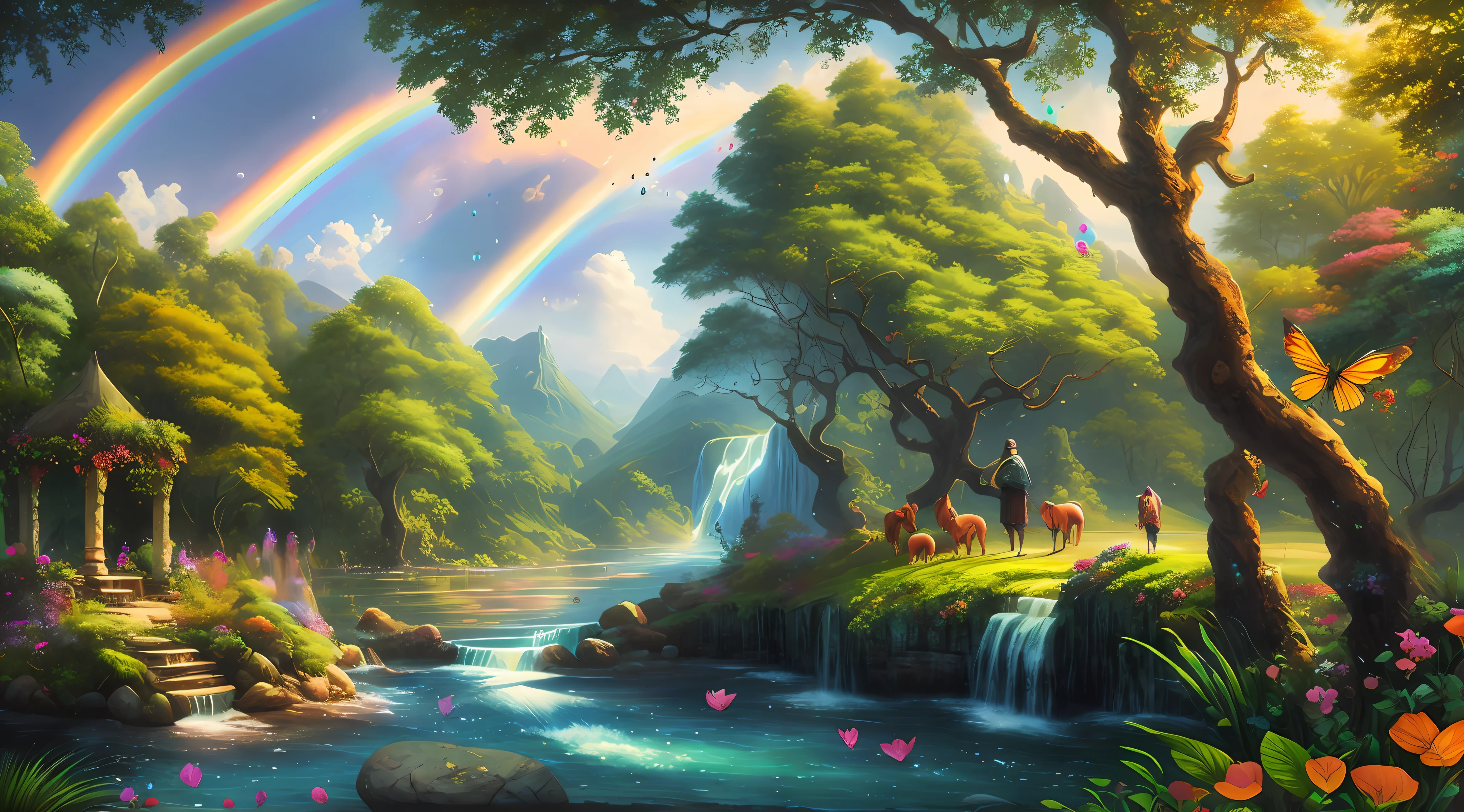 a painting of a waterfall with a rainbow in the background, beautiful art uhd 4 k, fantasy painting hd, just one rainbow 8 k, whimsical fantasy landscape art, fantasy art landscape, 4k fantasy art, background artwork, fantasy artrealistic painting, dream scenery art, 4k highly detailed digital art, fantasy art style, colorfull digital fantasy art