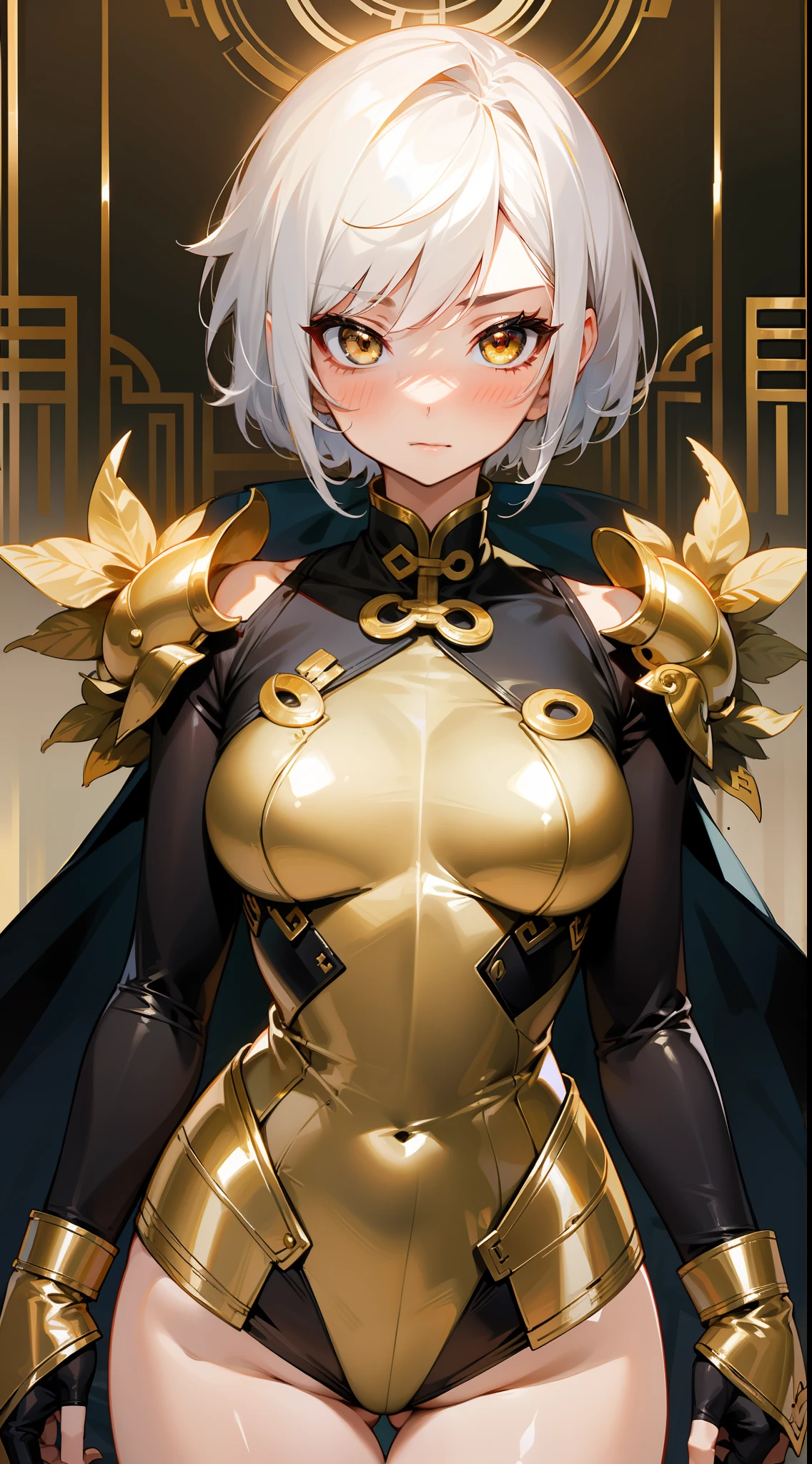 A girl, Chinese leather suit + gold color, short + white hair, golden eyes, sexy, blushing, golden latigo