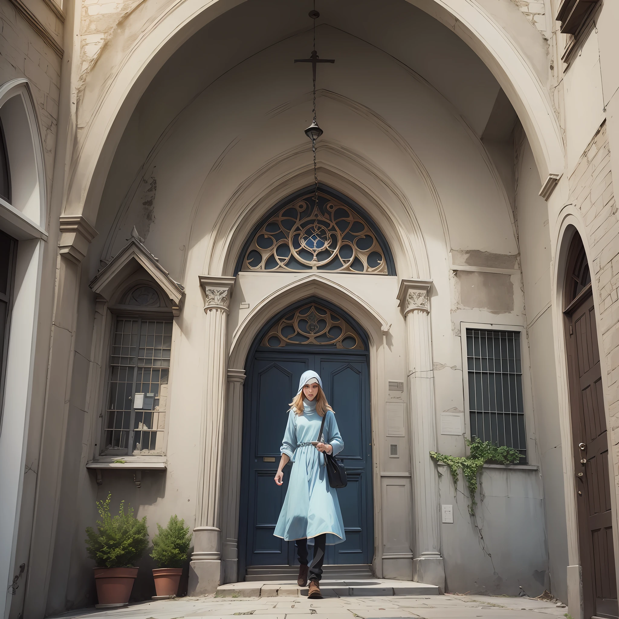 Color photo of a character walking in a street in front of a church, captured in a drawing style. The photo has a unique and artistic animation quality. —c 10 —ar 2:3 --auto --s2