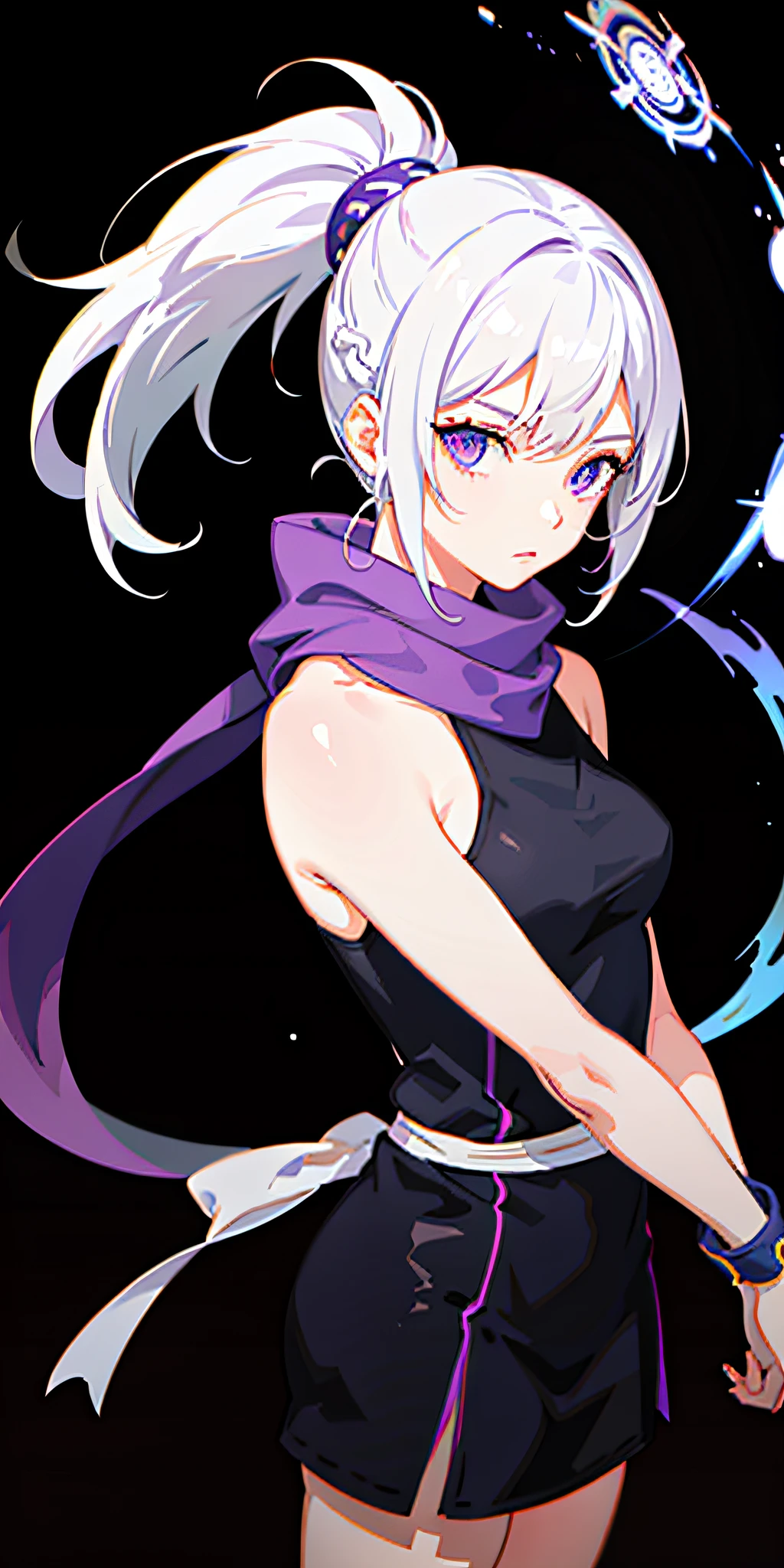 upper body, 1girl, white hair, ponytail, purple eyes, (ninja), short sword, medium breats ,scarf, wallpaper, magic circle background, light particles, blue fire,