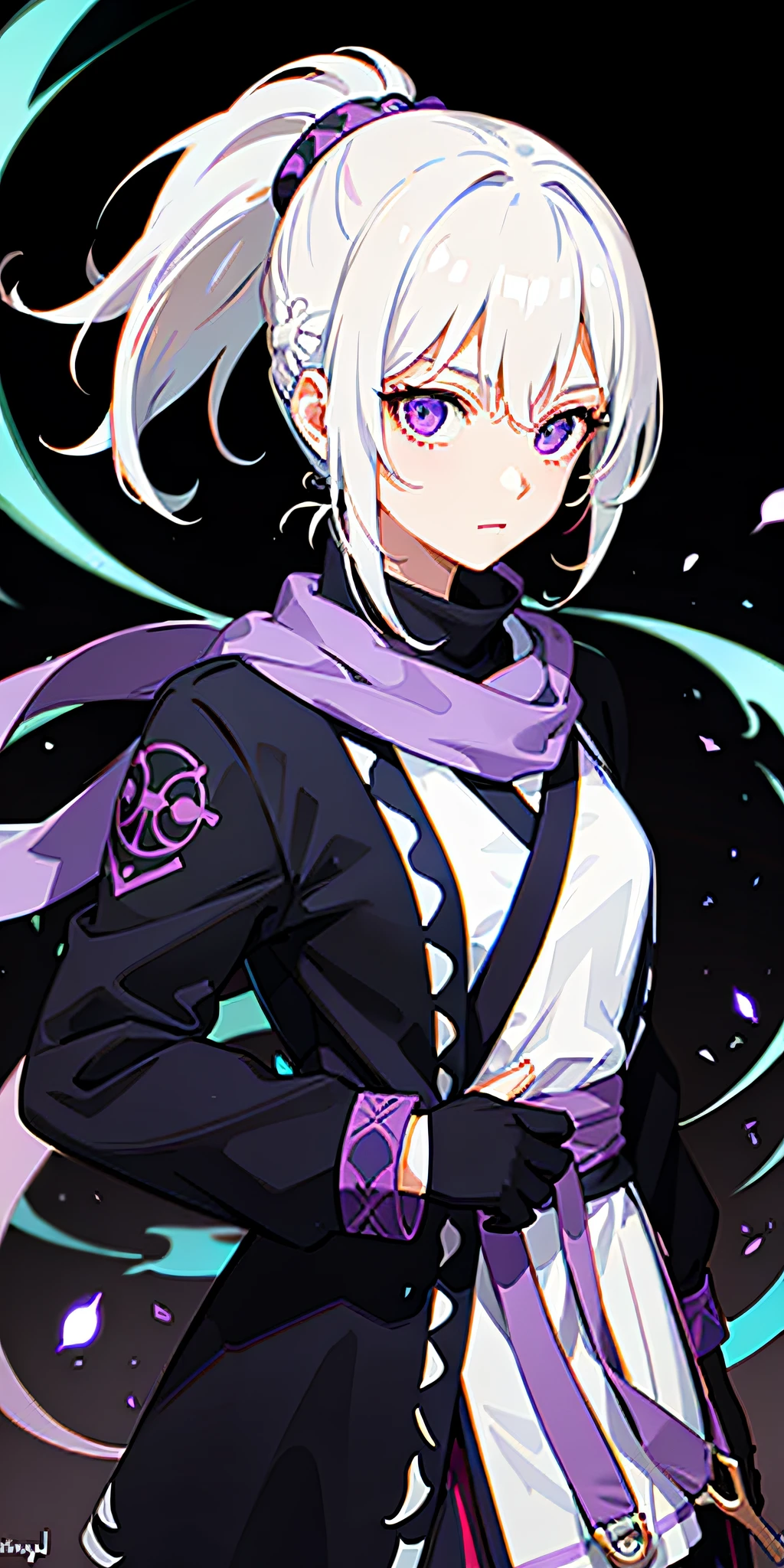 upper body, 1girl, white hair, ponytail, purple eyes, (ninja), short sword, medium breats ,scarf, wallpaper, magic circle background, light particles, blue fire,